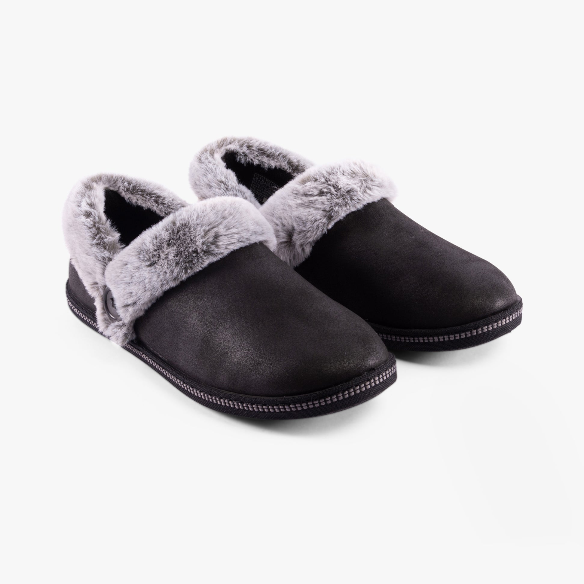 Skechers 169010/BLK COZY CAMPFIRE-FRENCH TOAST 2 Womens Slippers Black side view showcasing faux leather and faux fur lining.
