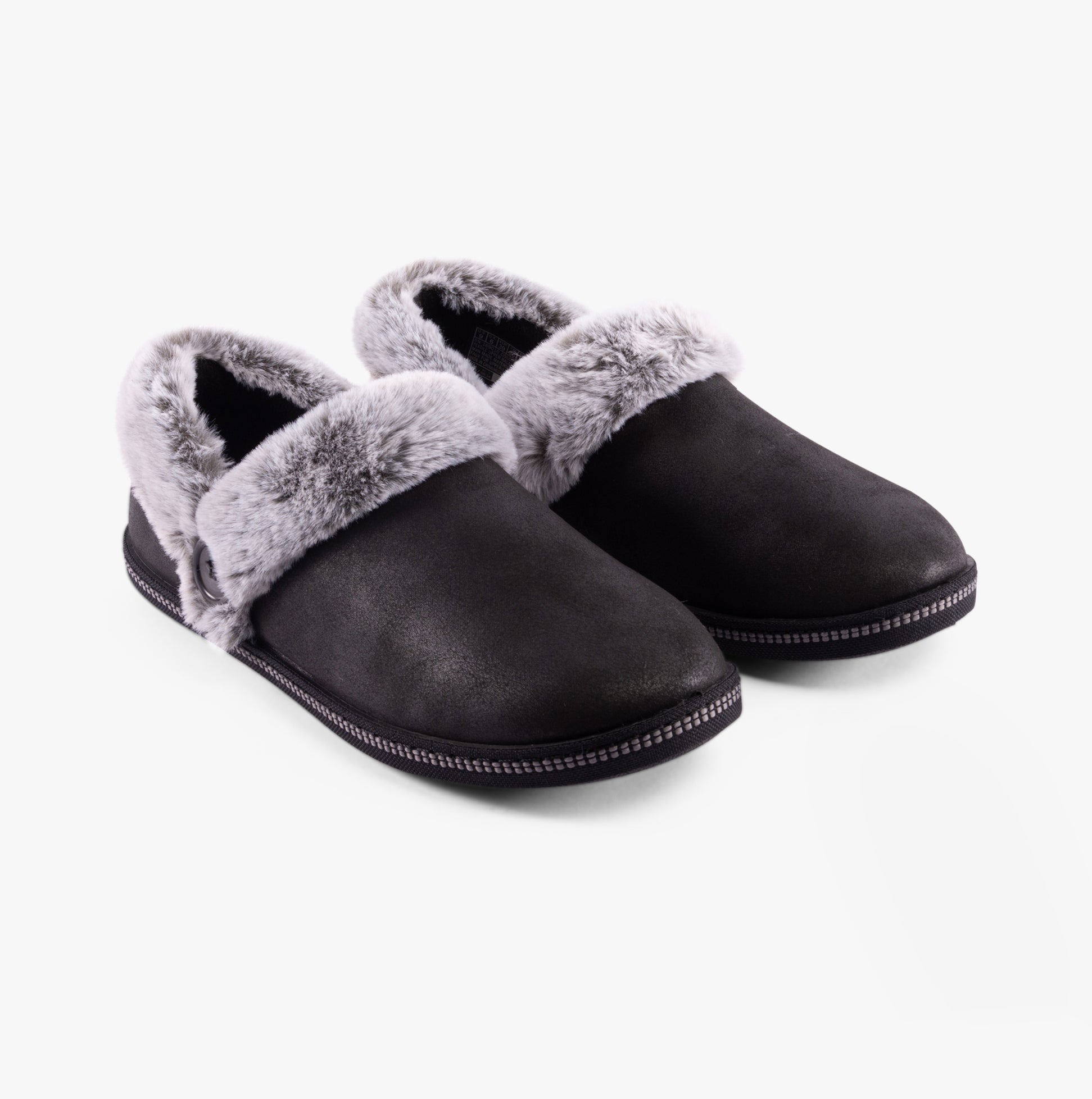Skechers 169010/BLK COZY CAMPFIRE-FRENCH TOAST 2 Womens Slippers Black side view showcasing faux leather and faux fur lining.