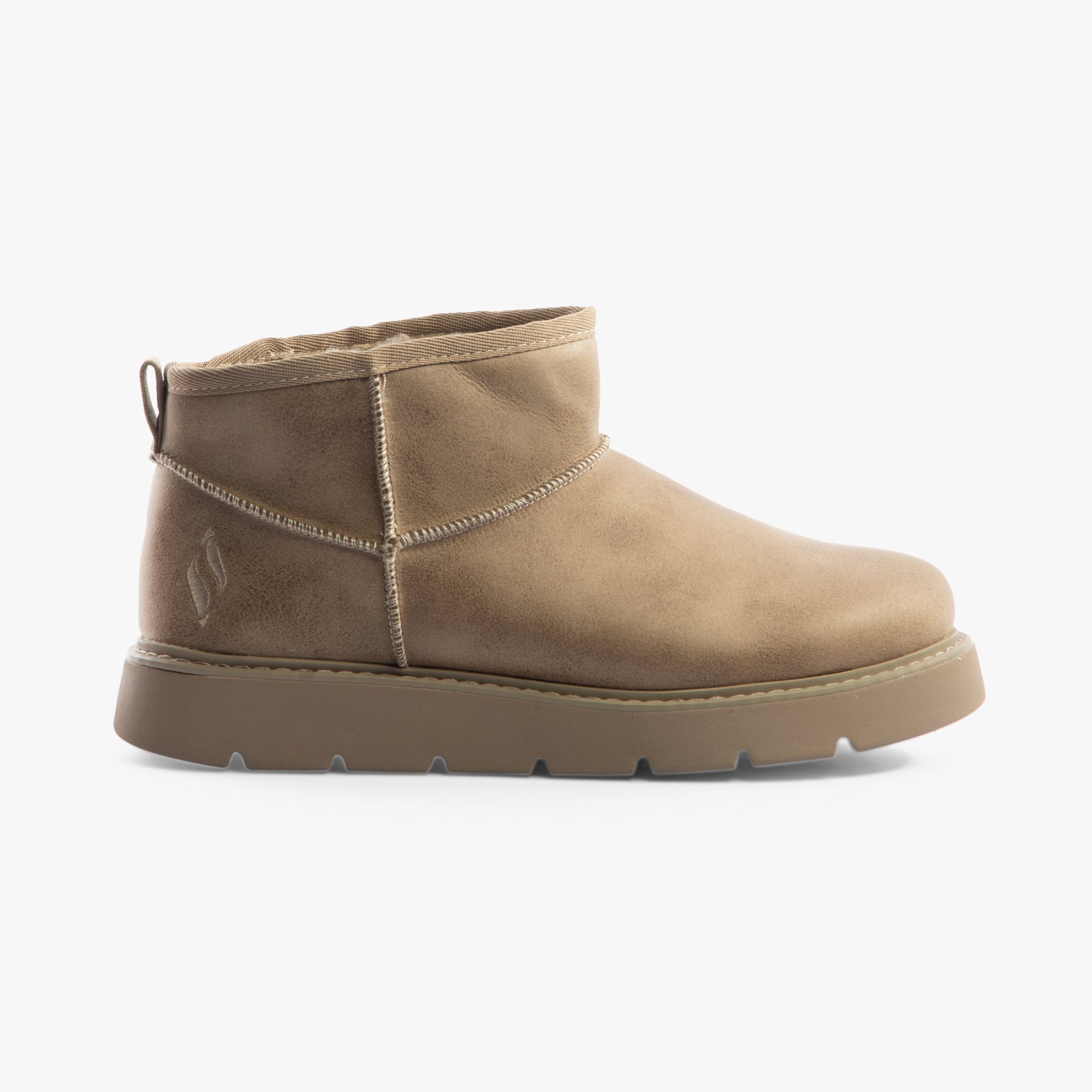 Skechers 169018/TPE KEEPSAKES LITE - SNOW BIRD Womens Boots Taupe side view with low heel and rubber sole.