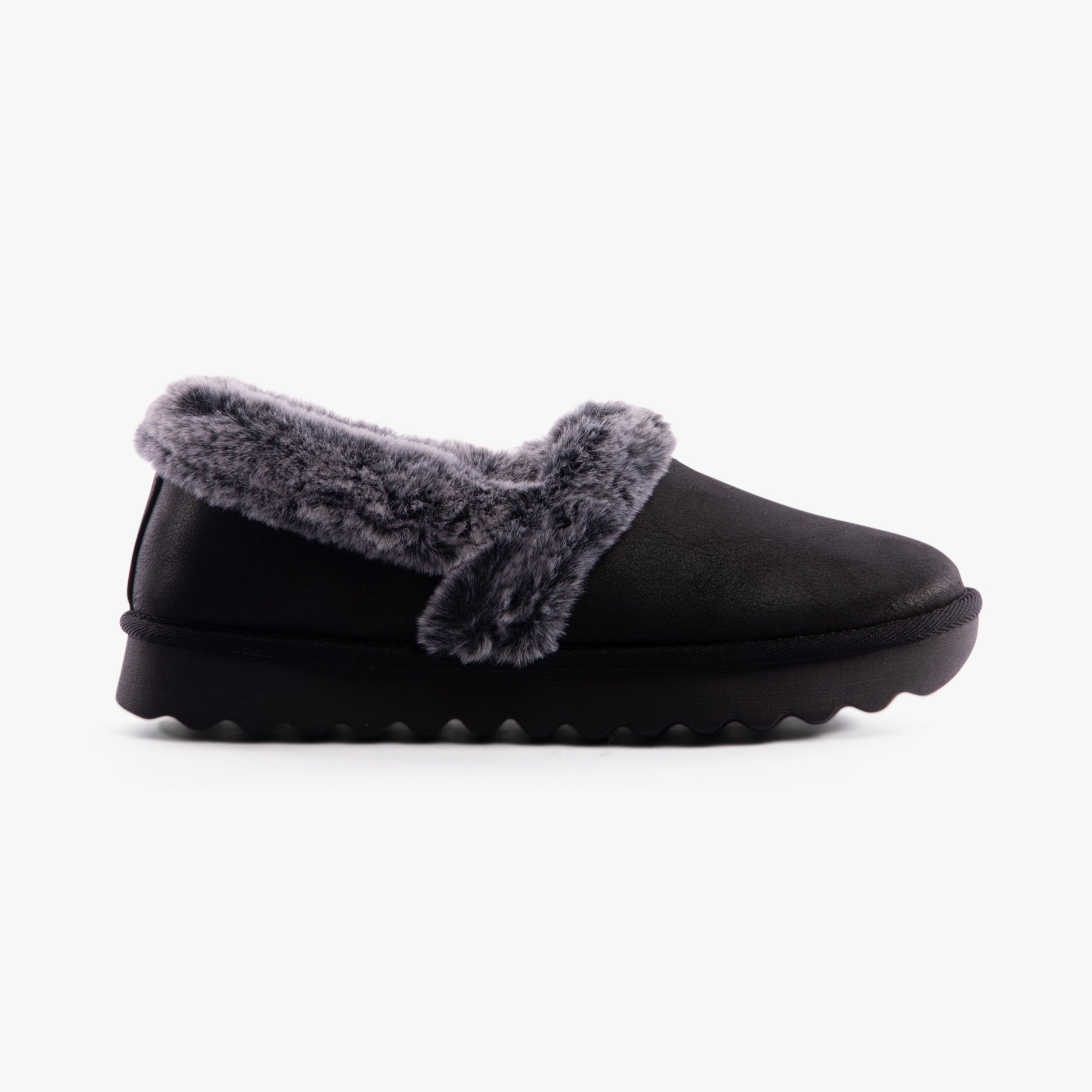Skechers 169027/BLK COZY UP Womens Slippers Black side view featuring soft fur lining and slip-on design.
