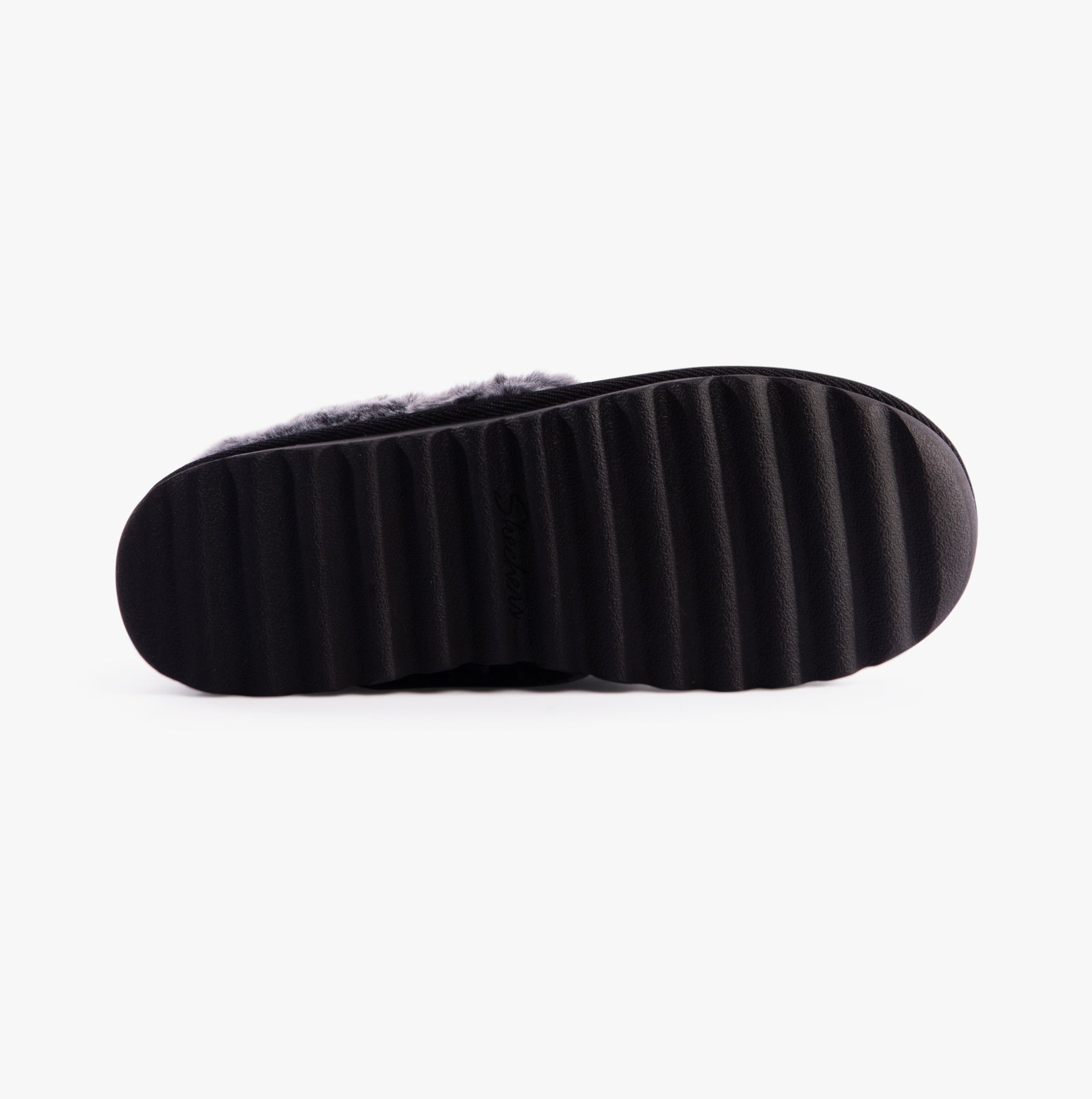 Skechers 169027/BLK COZY UP Womens Slippers Black bottom view showing synthetic sole details.