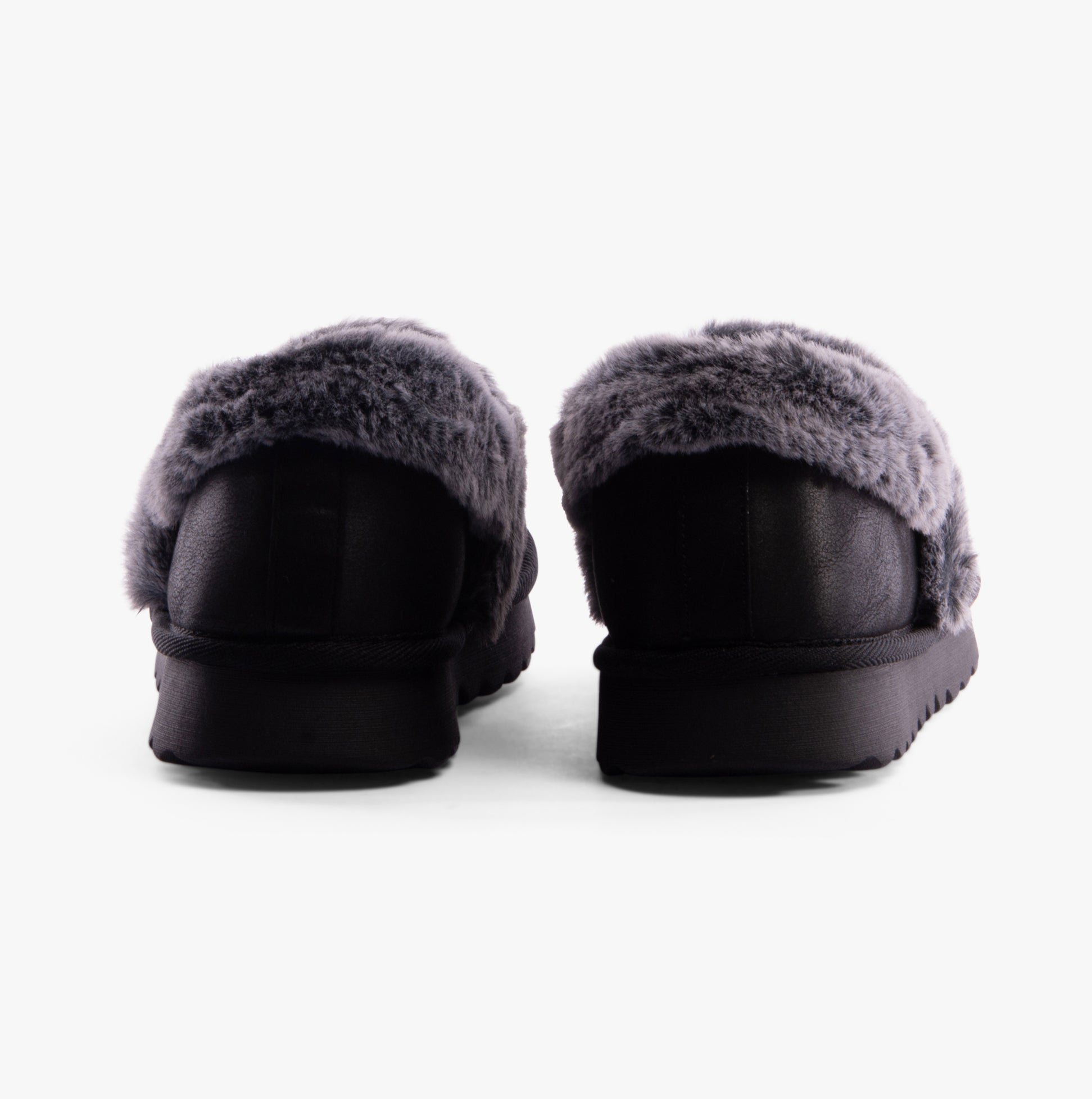 Skechers 169027/BLK COZY UP Womens Slippers Black back view with soft fur lining.