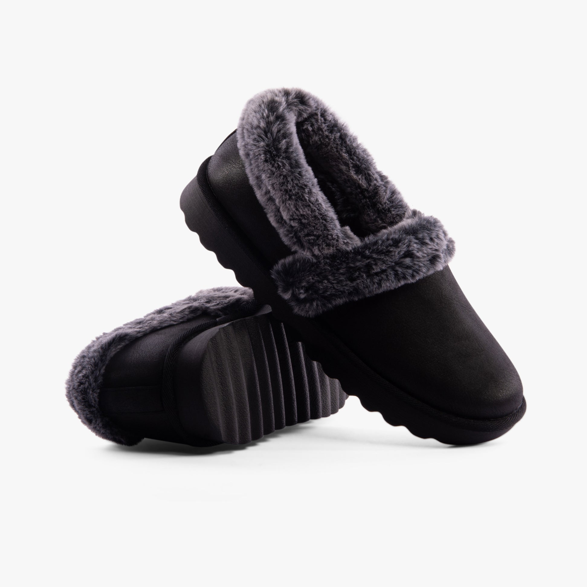 Skechers 169027/BLK COZY UP Womens Slippers Black side and front view with fluffy lining and low top design.