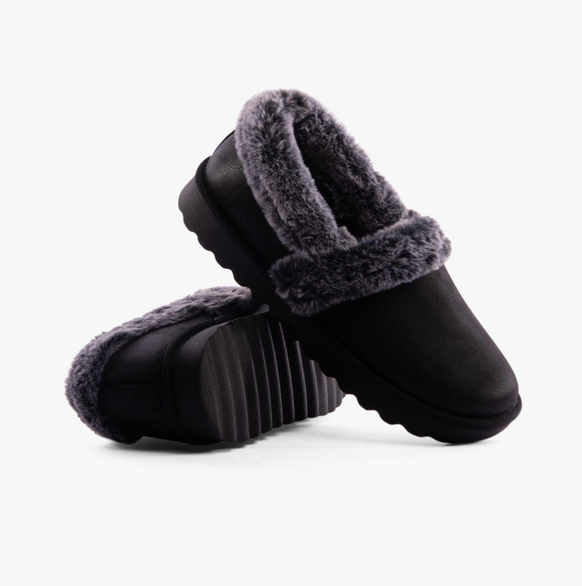 Skechers 169027/BLK COZY UP Womens Slippers Black side and front view with fluffy lining and low top design.