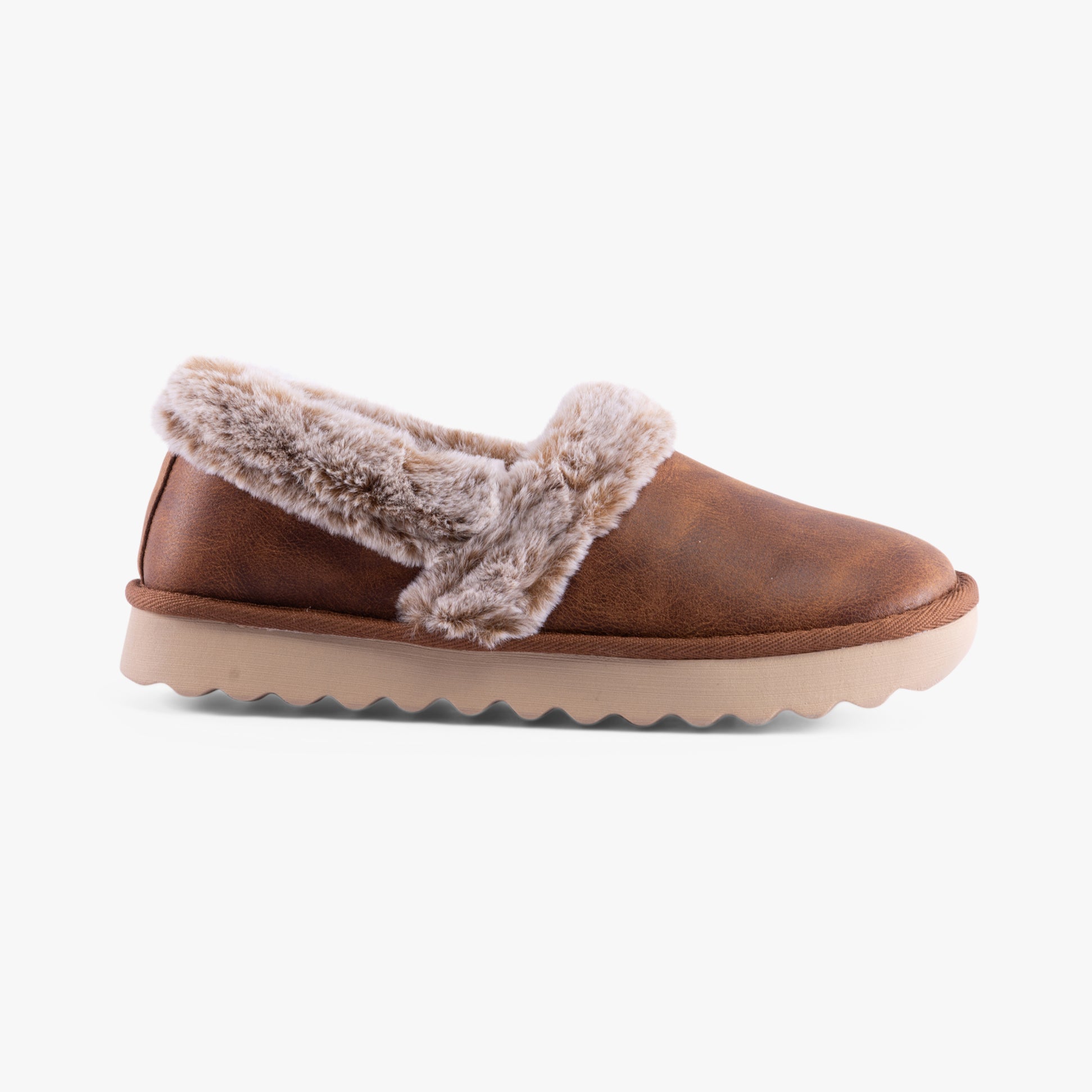 Skechers 169027/CSNT COZY UP Womens Slippers Chestnut side view showing soft fur lining and relaxed fit.