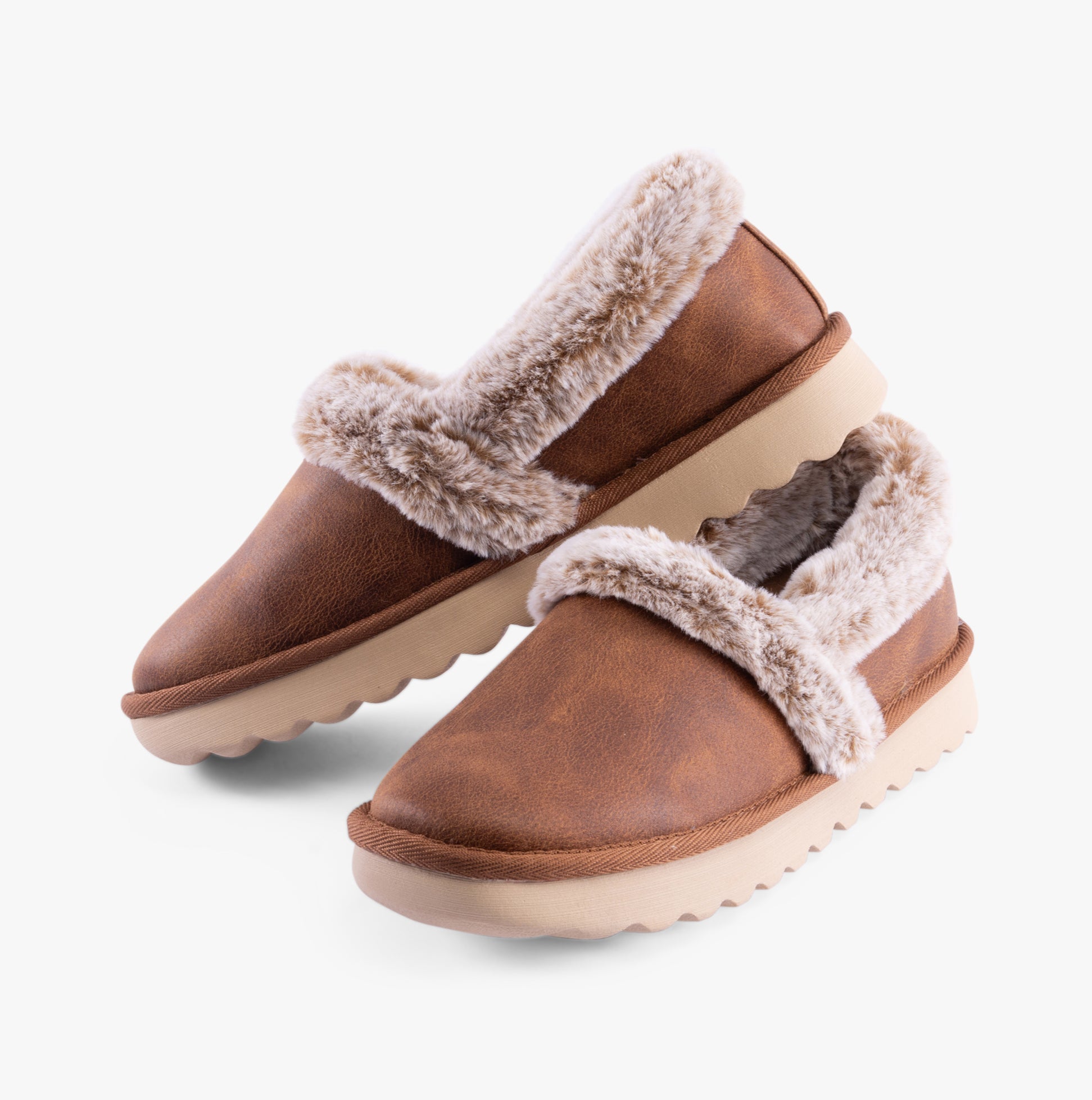Skechers 169027/CSNT COZY UP Womens Slippers Chestnut, side view showing soft fur lining and relaxed slip-on design.