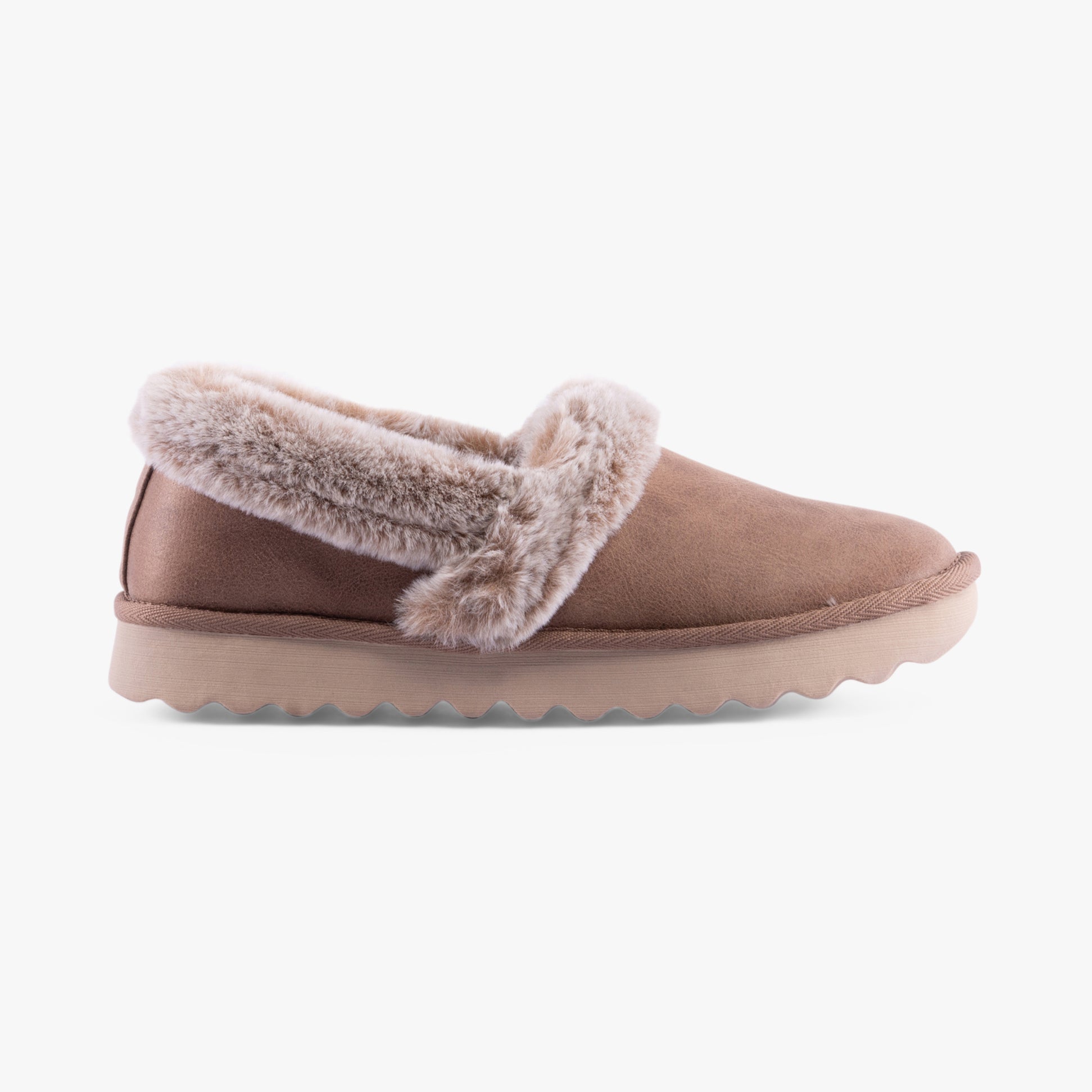 Skechers 169027/TPE COZY UP Womens Slippers Taupe side view featuring plush lining and synthetic sole.