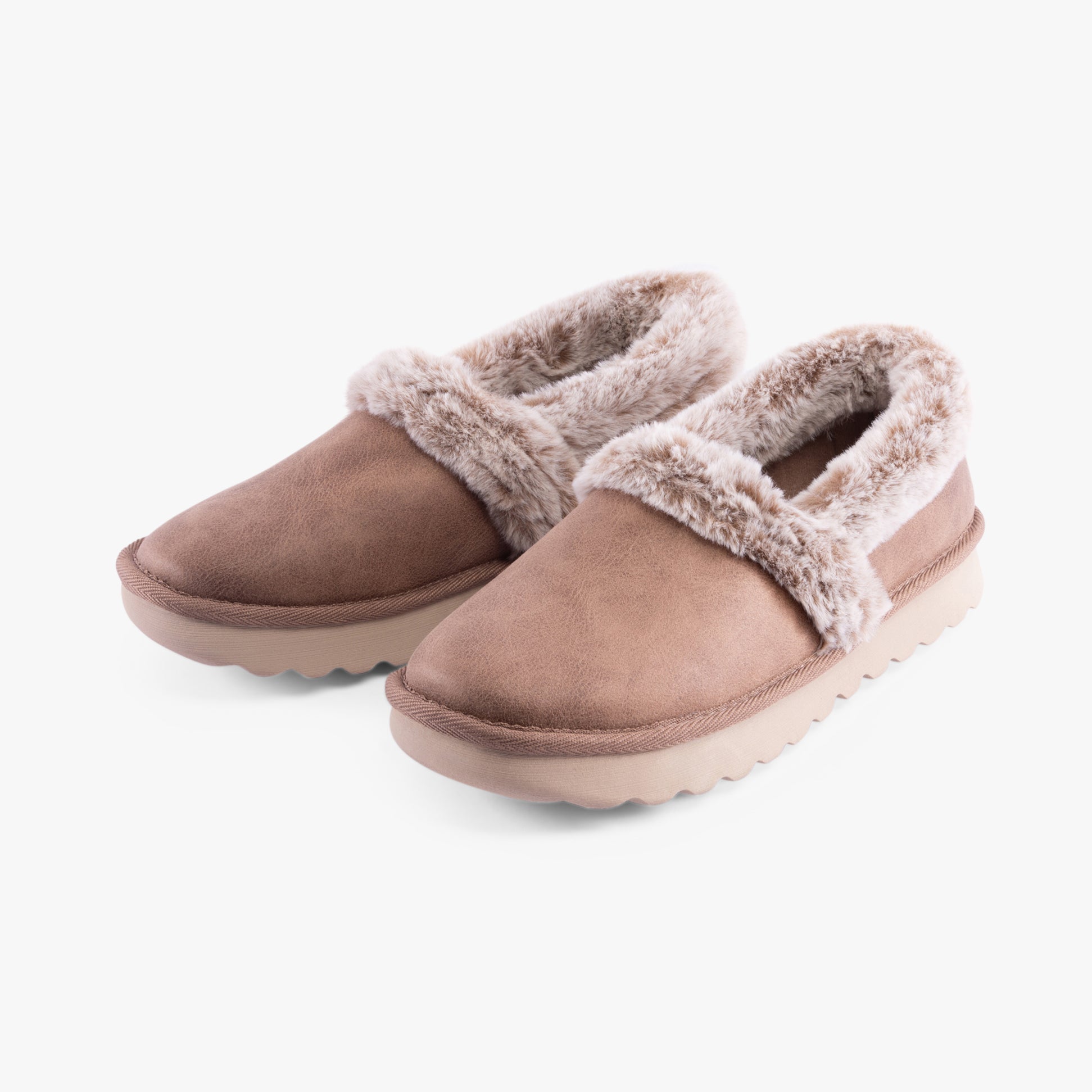 Skechers 169027/TPE COZY UP Womens Slippers Taupe side view showing cozy design and soft lining.