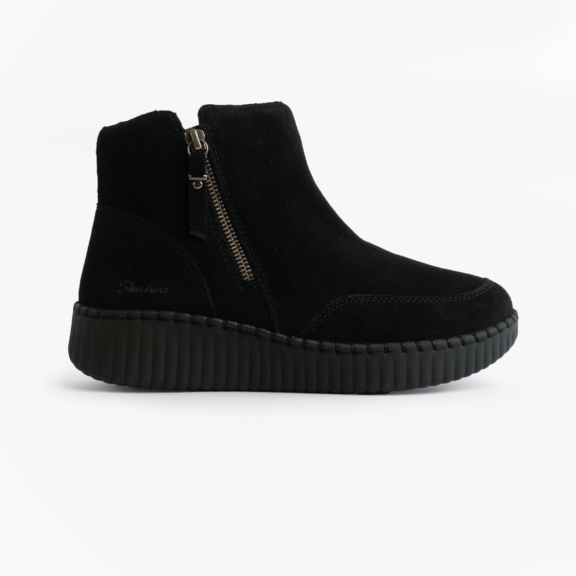 Skechers WILSHIRE BLVD - WEEKEND CRUSH Womens Boots Black side view with zip closure, featuring suede leather and comfortable sole.