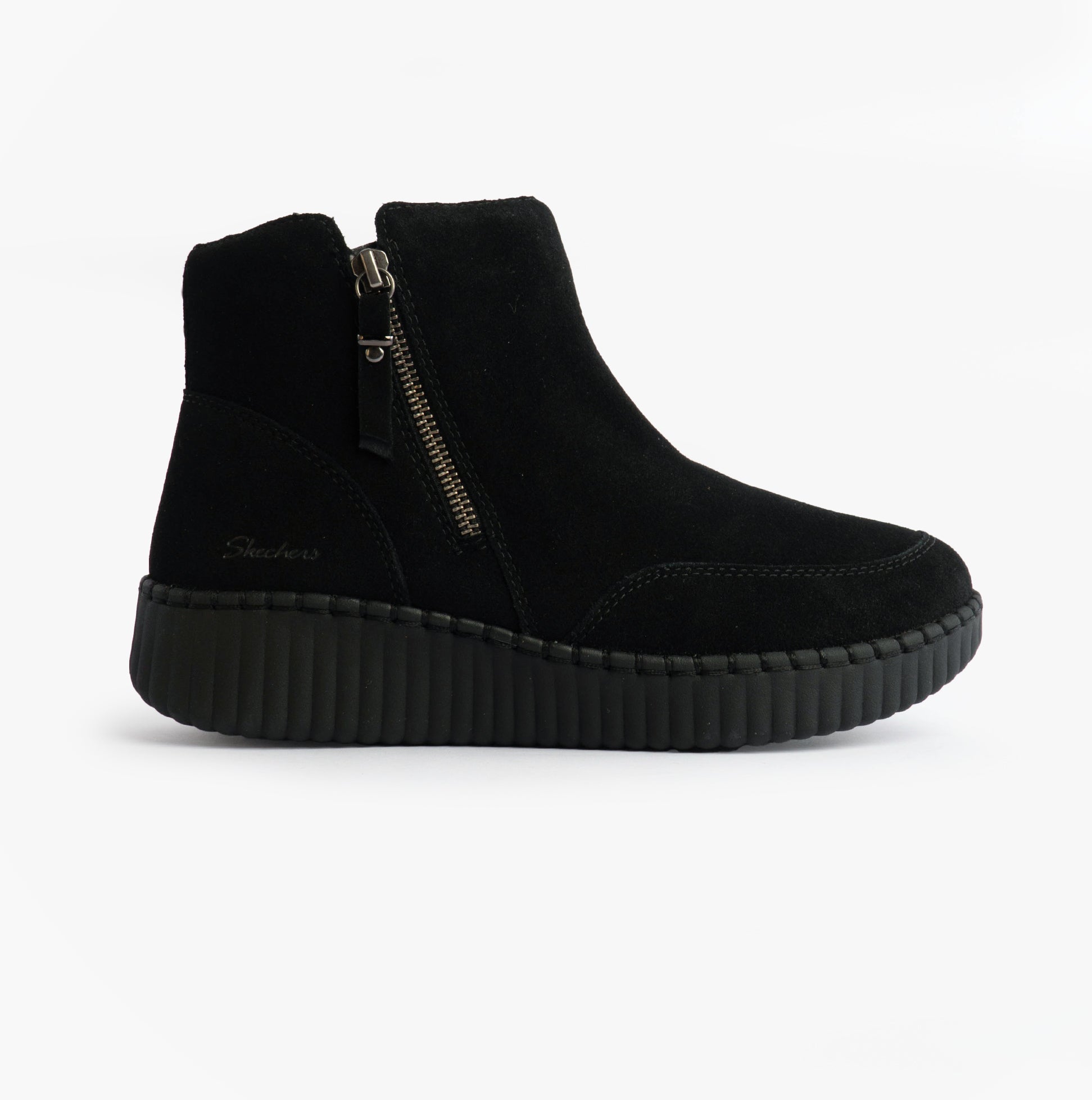 Skechers WILSHIRE BLVD - WEEKEND CRUSH Womens Boots Black side view with zip closure, featuring suede leather and comfortable sole.