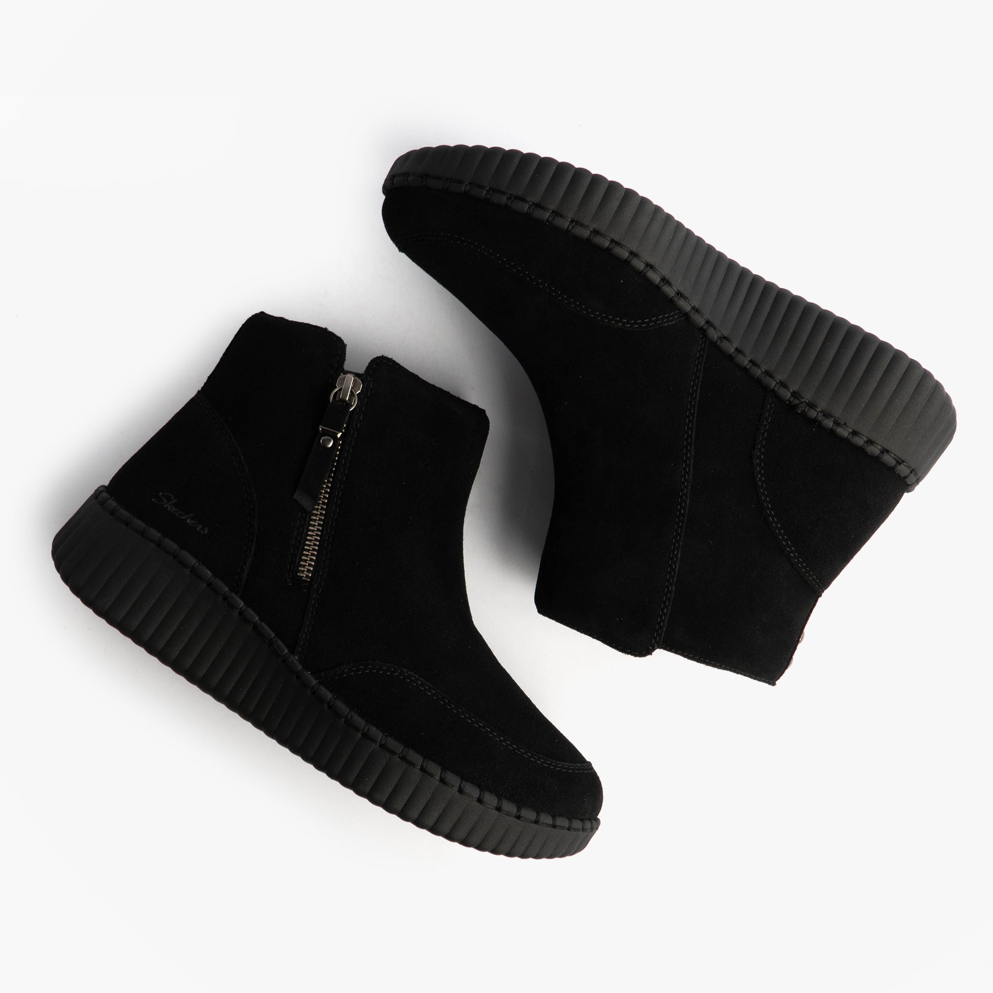 Skechers WILSHIRE BLVD - WEEKEND CRUSH Womens Boots Black side view showing suede leather upper and zip closure.