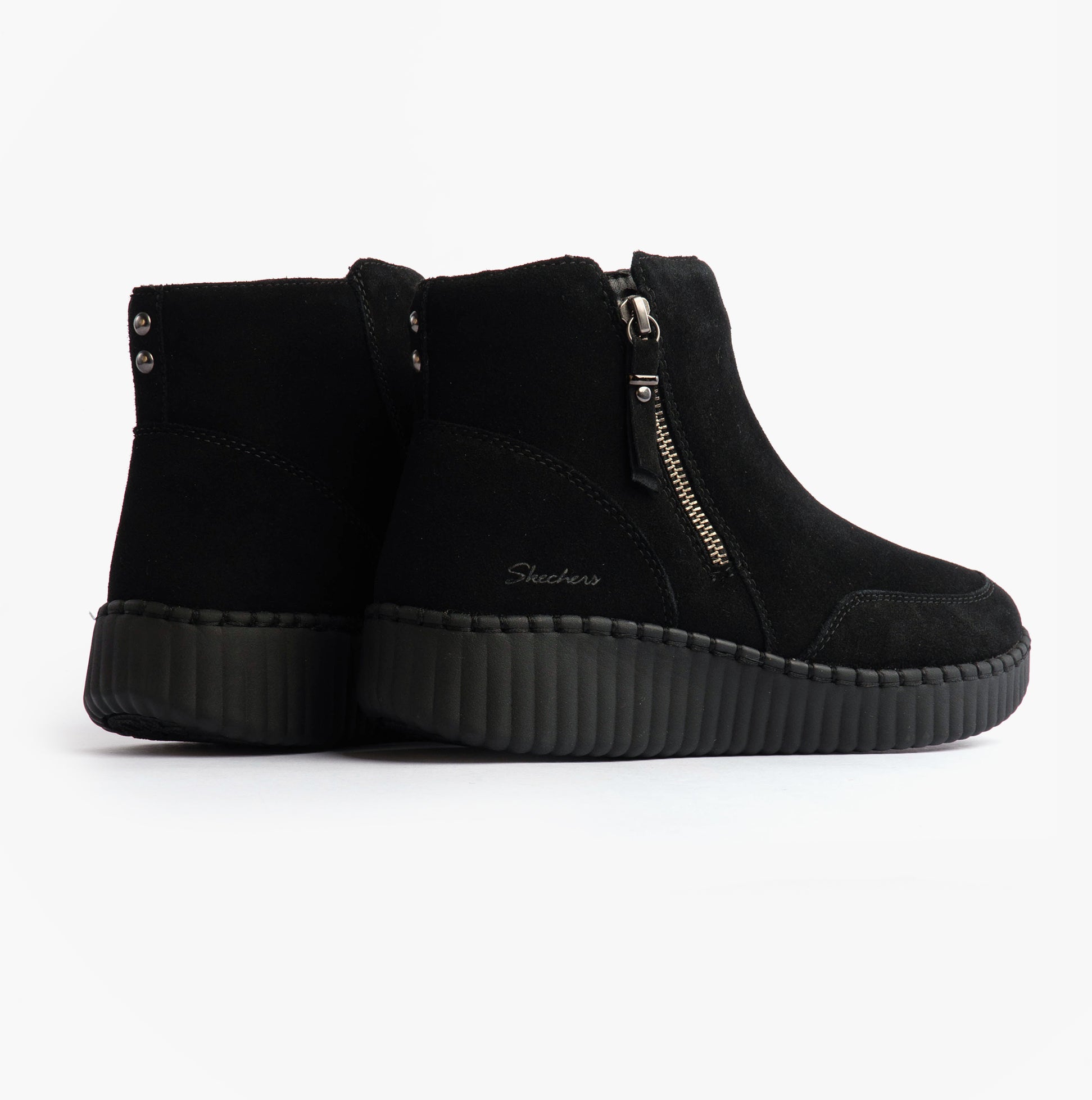 Skechers WILSHIRE BLVD - WEEKEND CRUSH Womens Boots Black side view showcasing suede leather upper and zipper detail.