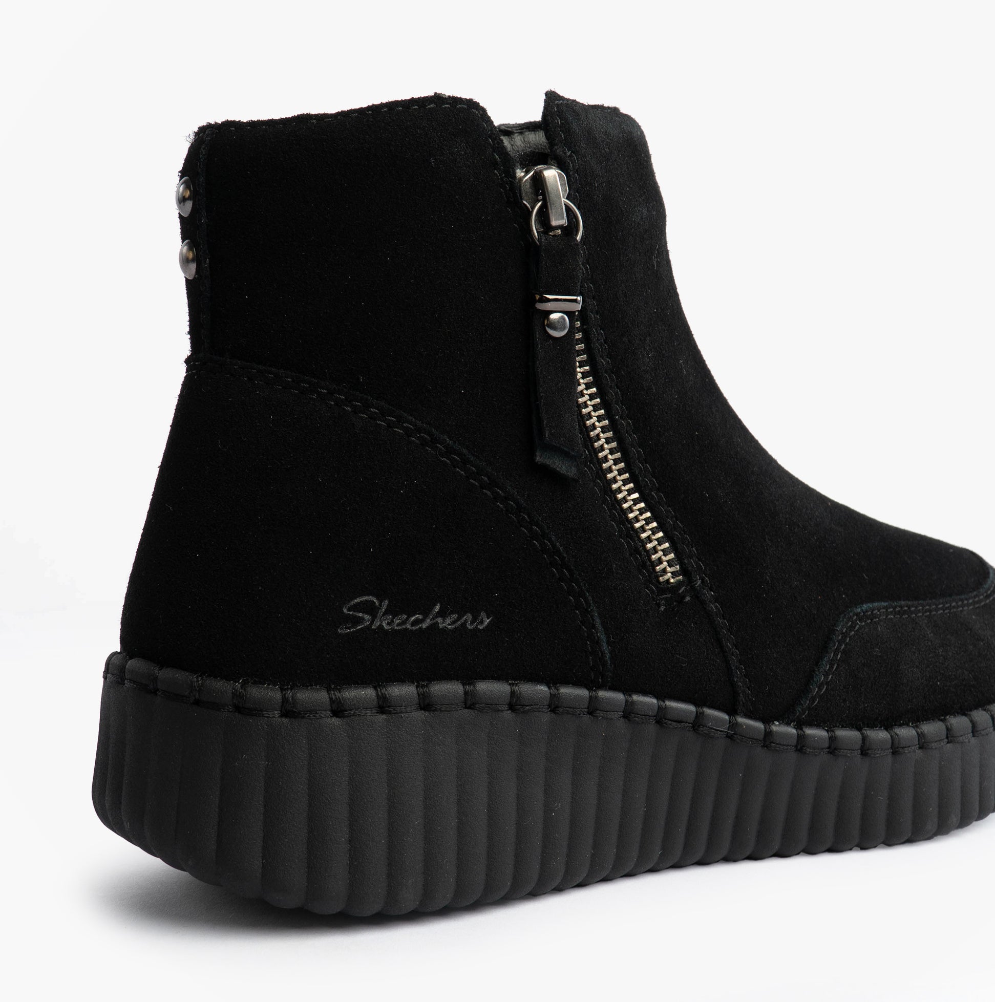 Skechers WILSHIRE BLVD - WEEKEND CRUSH Womens Boots Black side view showing suede upper and rubber sole with zip closure.