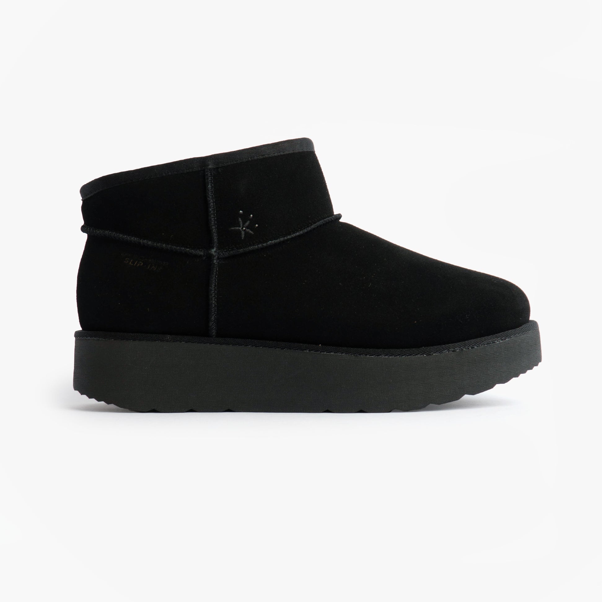 Skechers 169143/BBK KEEP COZY Womens Boots Black side view showing suede leather upper and rubber sole.