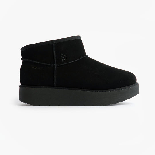 Skechers 169143/BBK KEEP COZY Womens Boots Black side view showing suede leather upper and rubber sole.