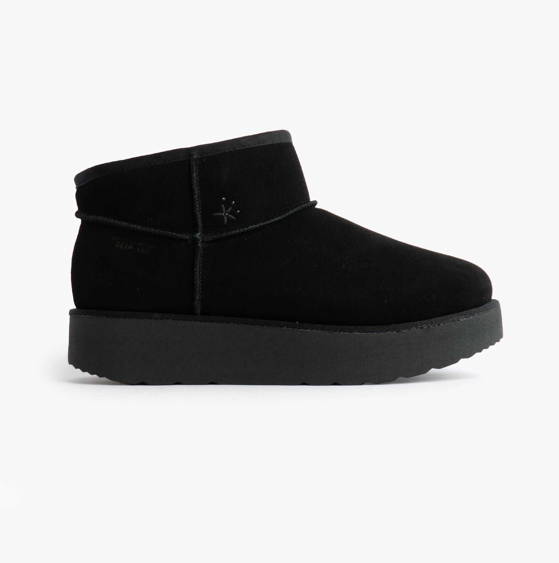 Skechers 169143/BBK KEEP COZY Womens Boots Black side view showing suede leather upper and rubber sole.