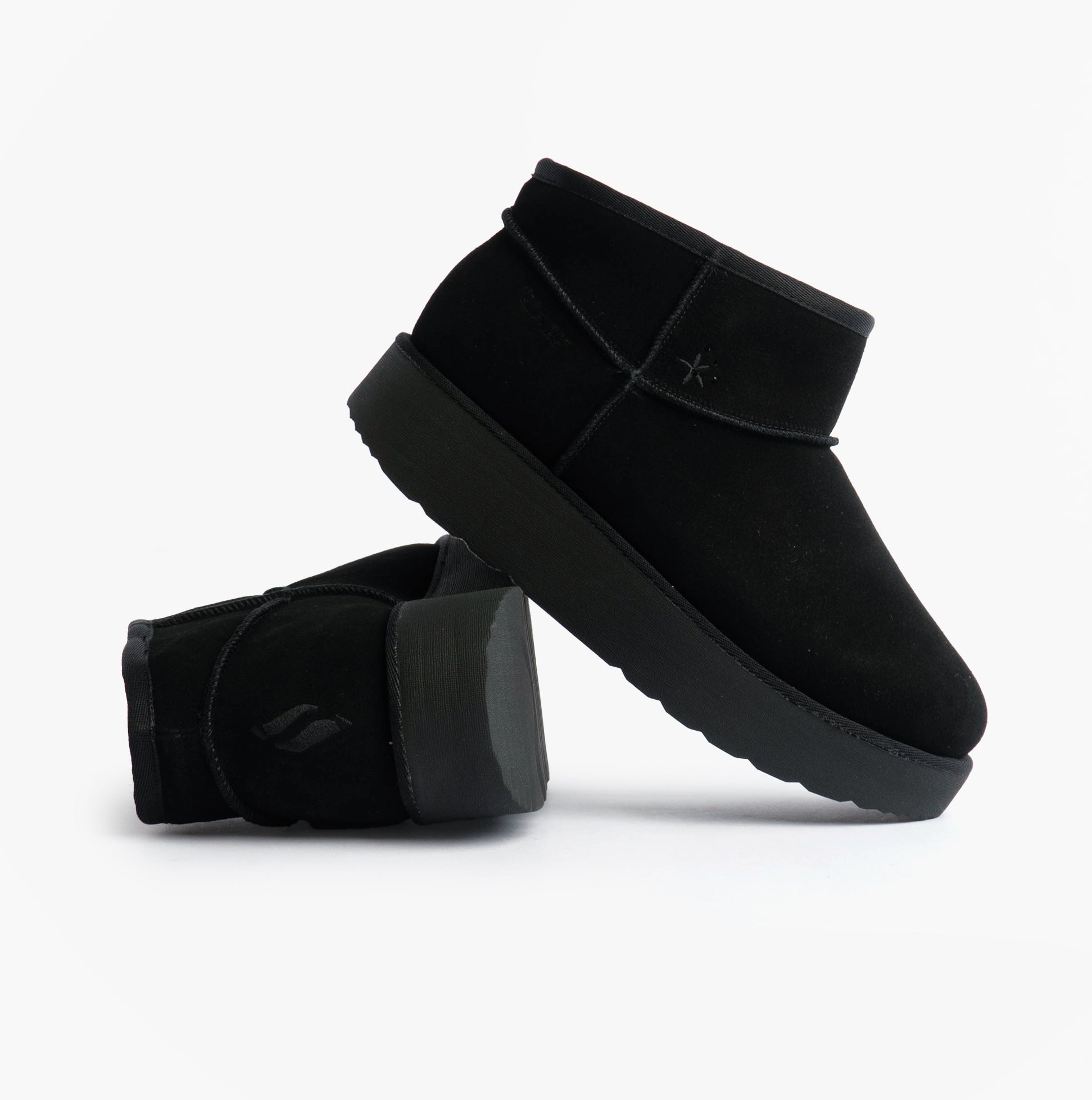 Skechers 169143/BBK KEEP COZY Womens Boots Black side view with suede leather upper and rubber sole.
