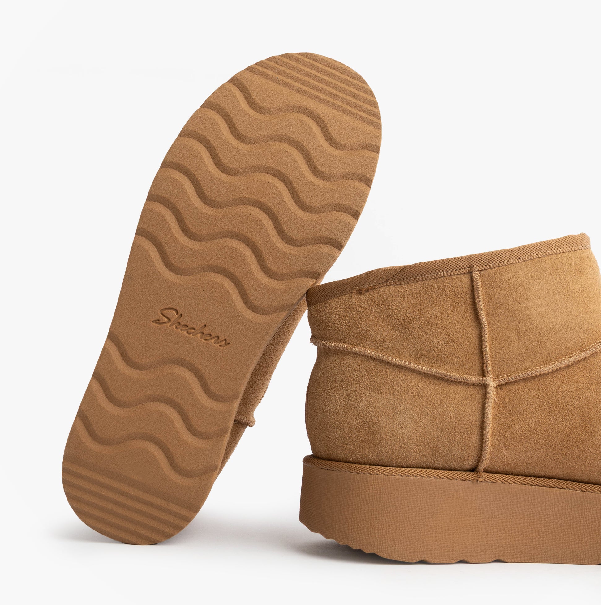 Skechers 169143/CSNT KEEP COZY Womens Boots Chestnut bottom view with rubber sole detail.