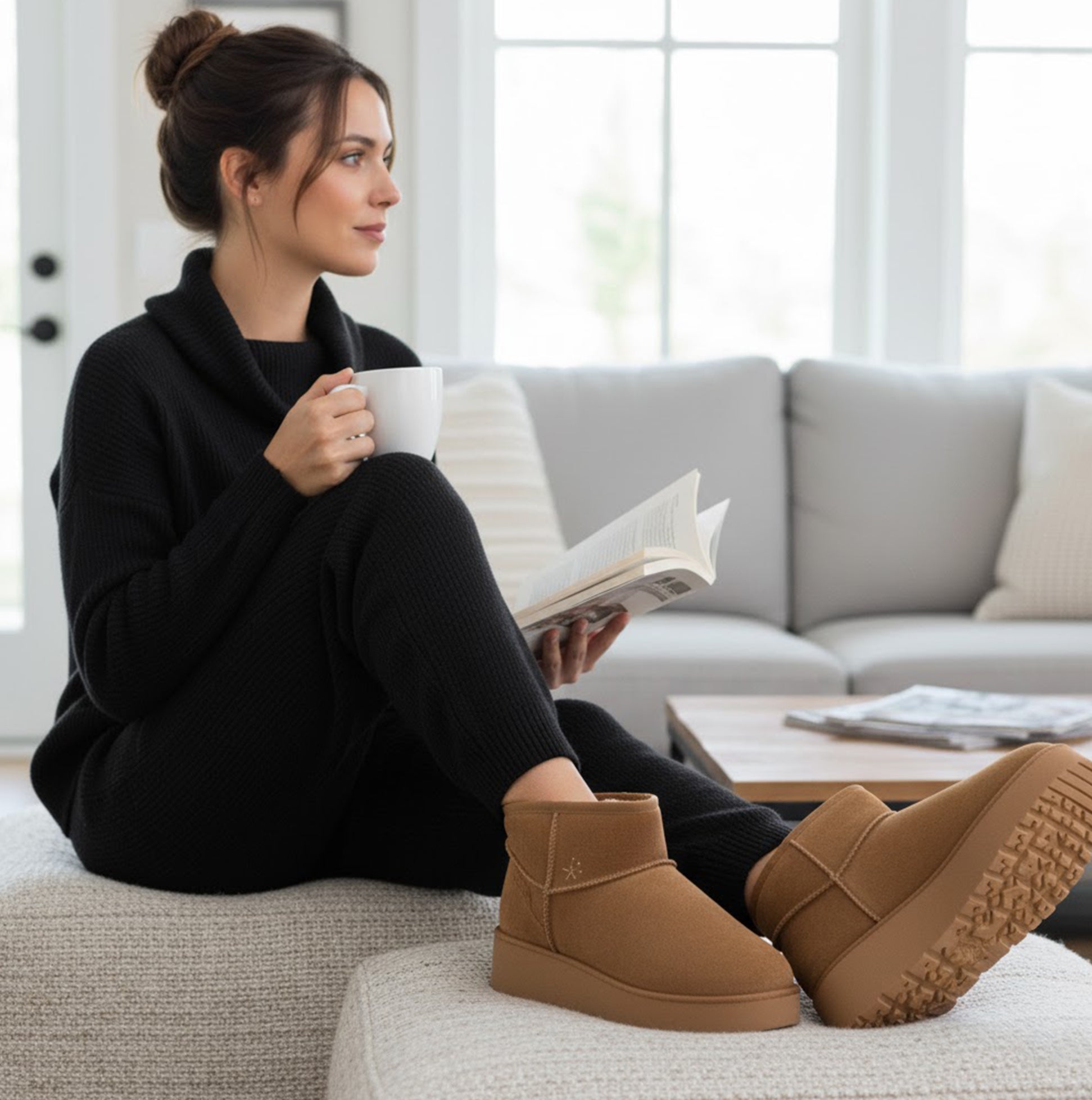 Skechers 169143/CSNT KEEP COZY Womens Boots Chestnut side view worn by model, cozy indoor setting with book and coffee.