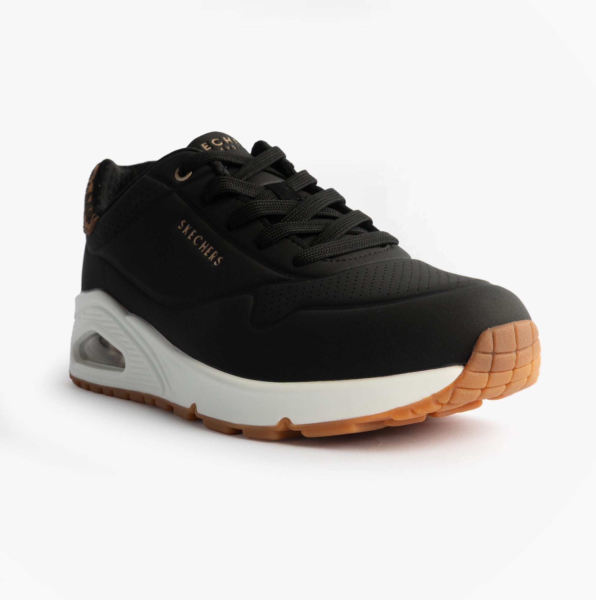 Skechers 177093/BKLD UNO-JUNGLE NITE Womens Trainers Black Durabuck/Leopard Printed side view.