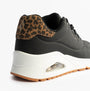 Skechers 177093/BKLD UNO-JUNGLE NITE Womens Trainers Black Durabuck/Leopard Printed rear view with leopard print details