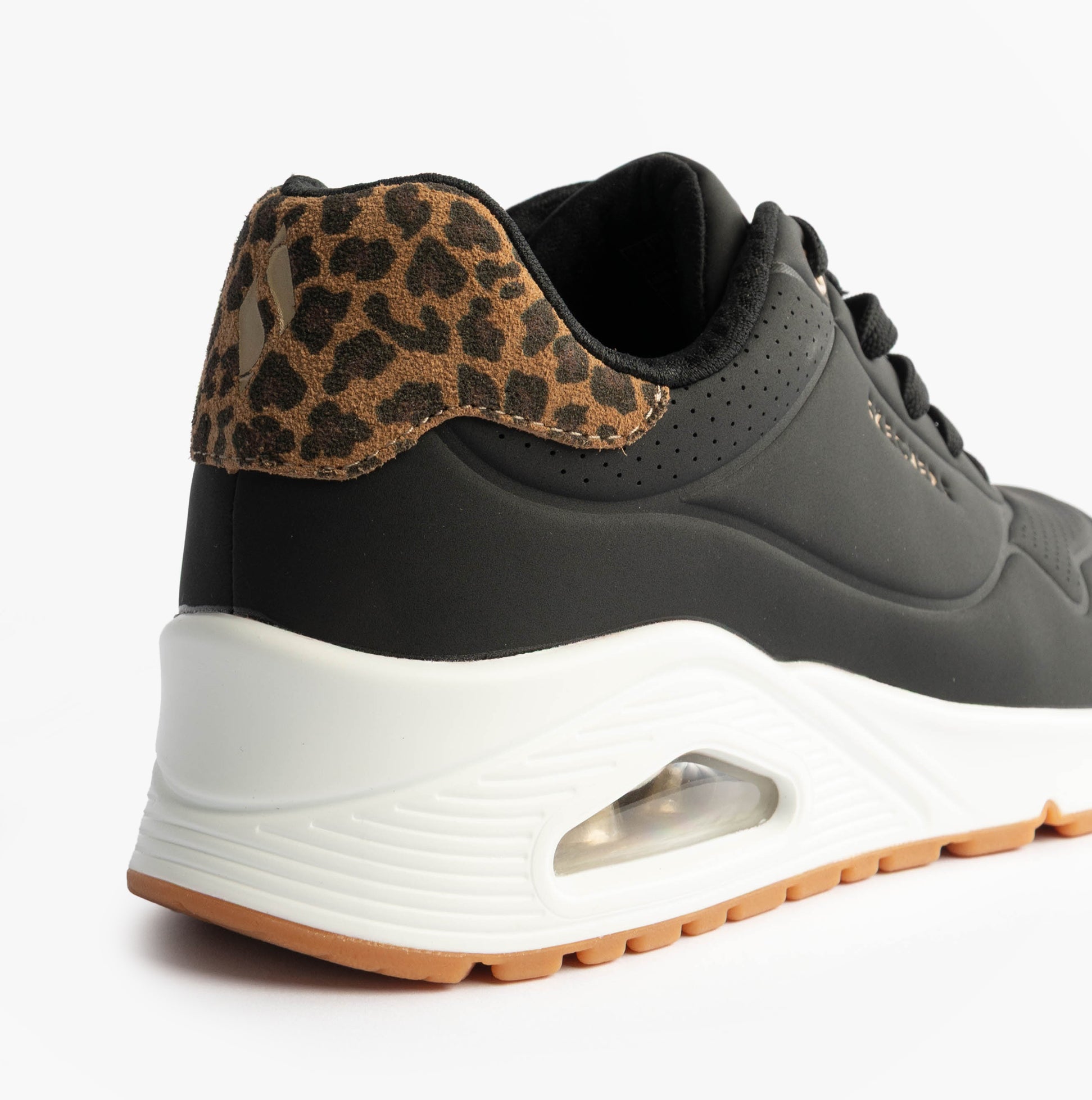 Skechers 177093/BKLD UNO-JUNGLE NITE Womens Trainers Black Durabuck/Leopard Printed rear view with leopard print details