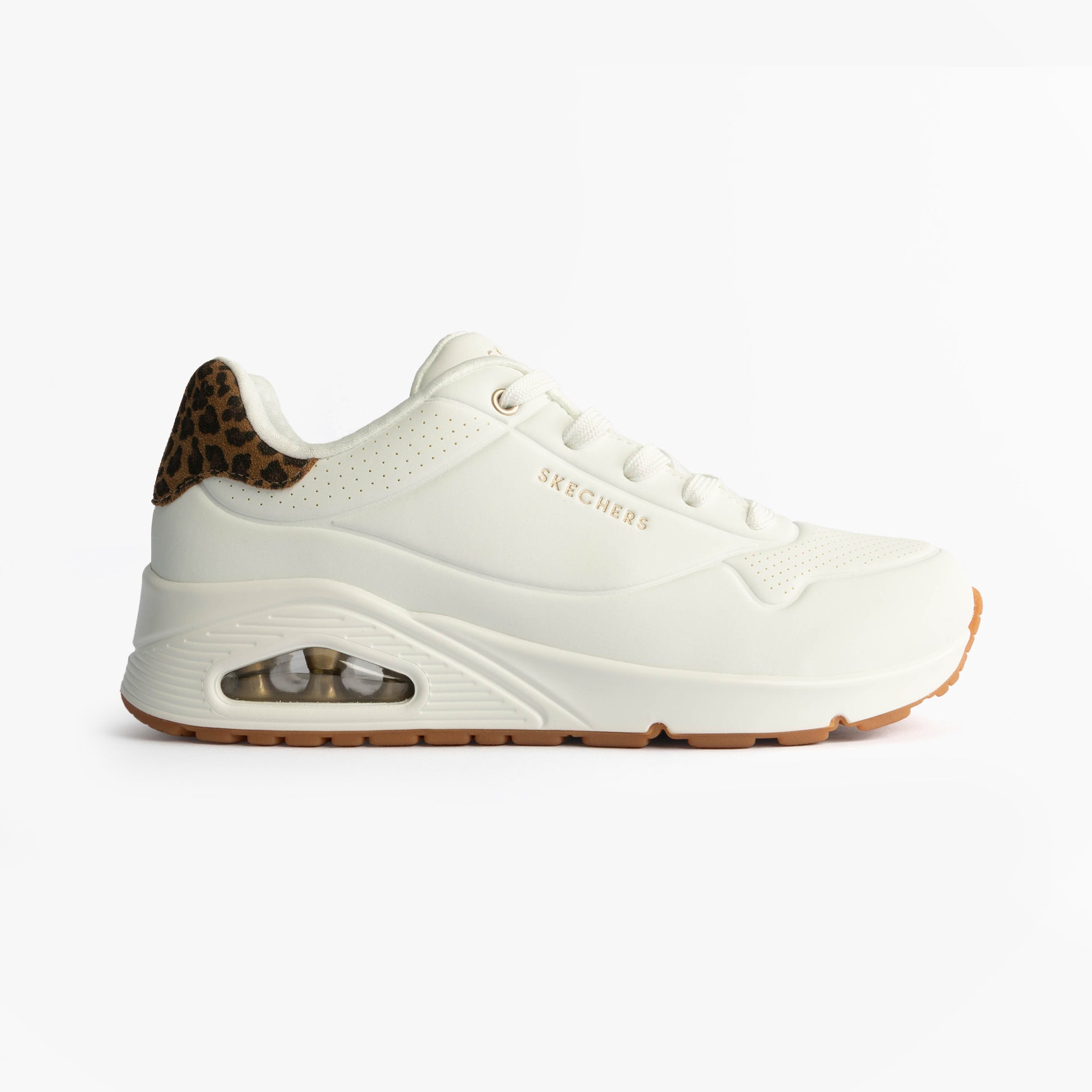 Skechers 177093/WHLD UNO-JUNGLE NITE Womens Trainers White Durabuck/Leopard Printed side view showing stylish design and details.
