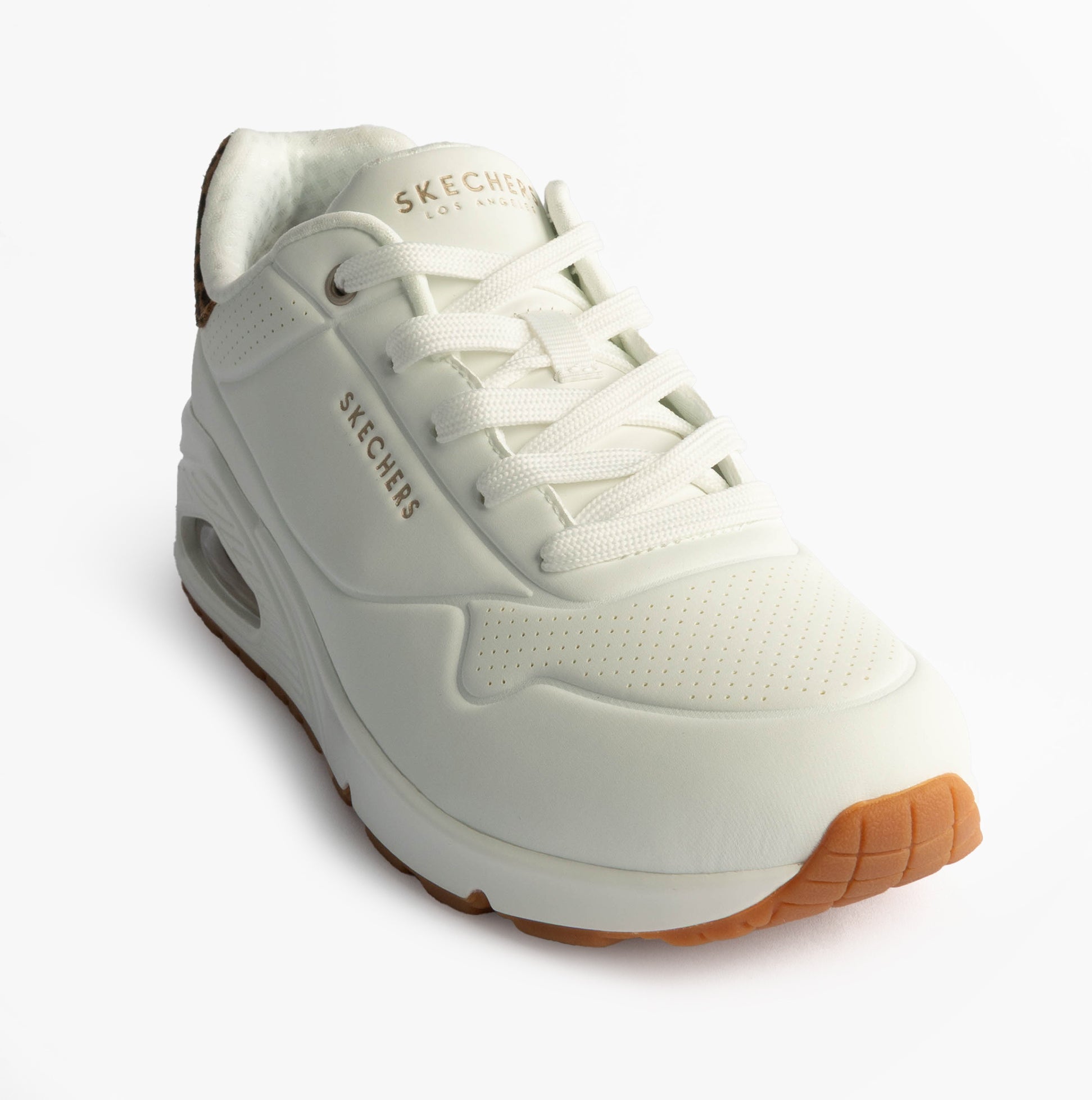 Skechers 177093/WHLD UNO-JUNGLE NITE Womens Trainers White Durabuck/Leopard Printed front view with lace-up design and memory foam comfort.