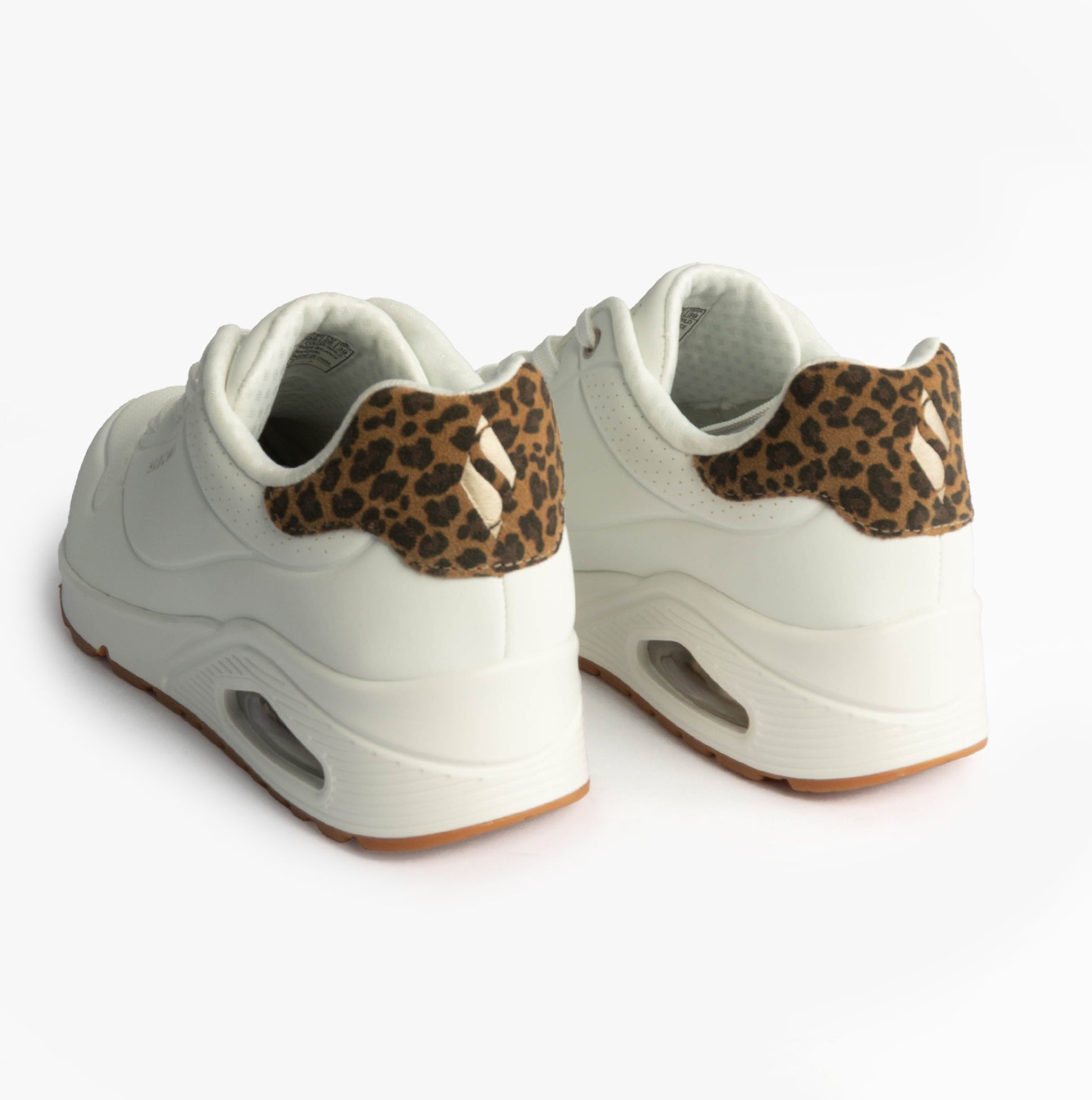 Skechers 177093/WHLD UNO-JUNGLE NITE Womens Trainers White Durabuck/Leopard Printed back view.