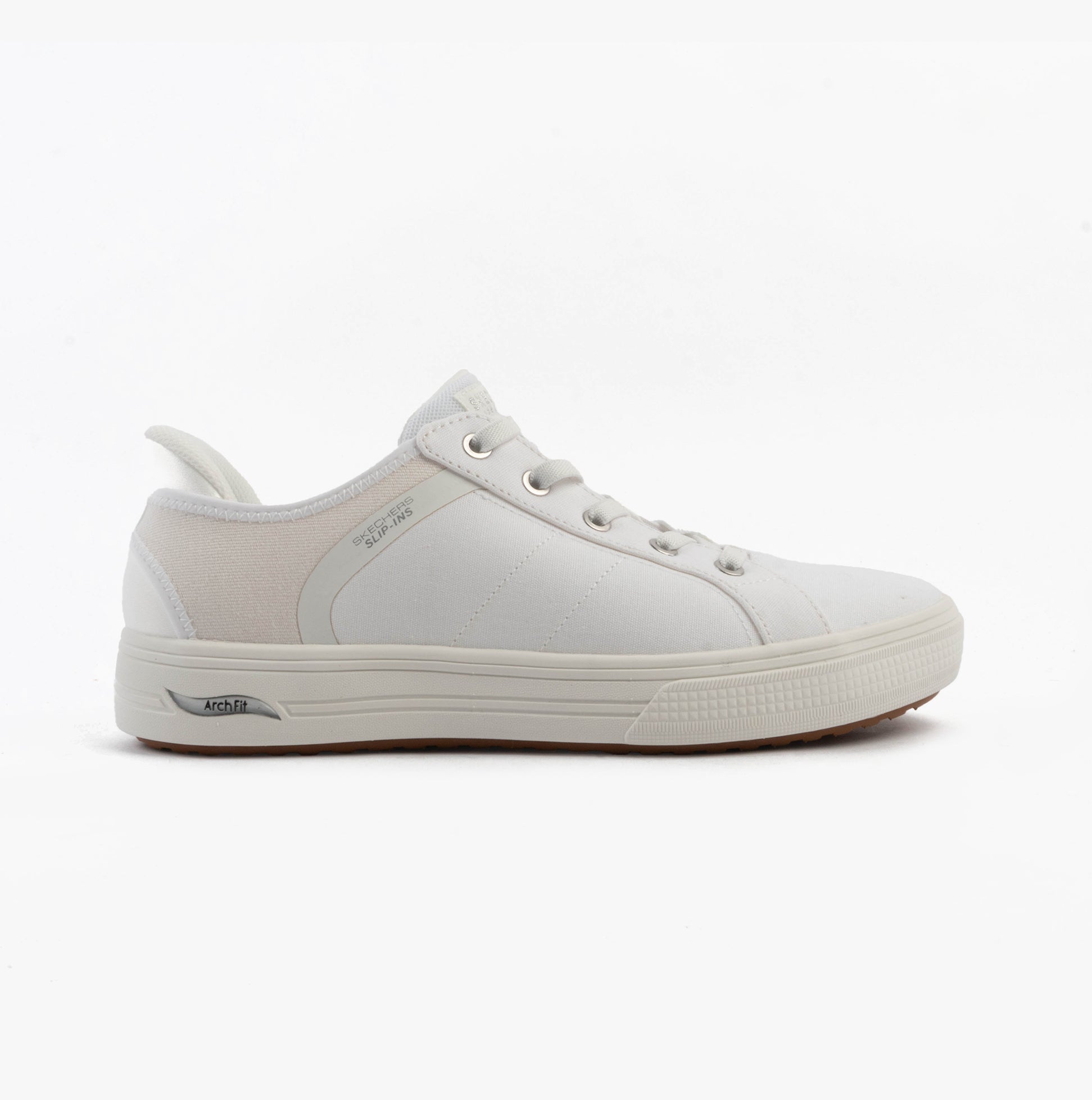 Skechers 177205/WHT ARCH FIT ARCADE-FOREVER COZY Womens Trainers White side view with lace-up closure and low top design.