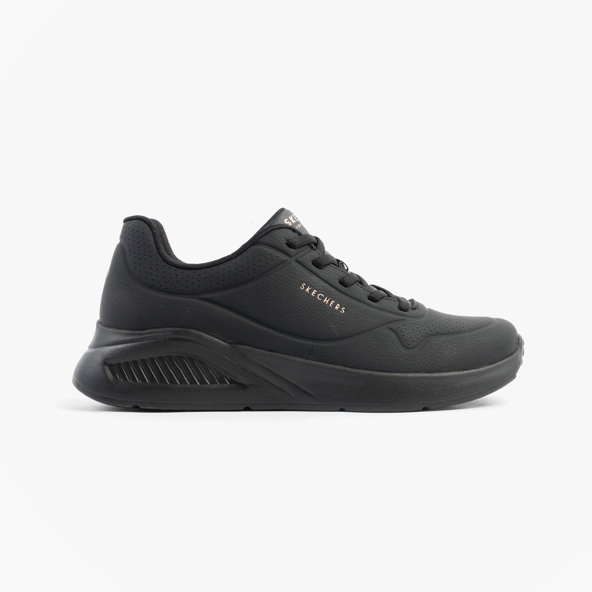 Side view of Skechers 177289/BBK UNO LITE - LITE WORK Womens Trainers Black, featuring synthetic leather upper and rubber sole.