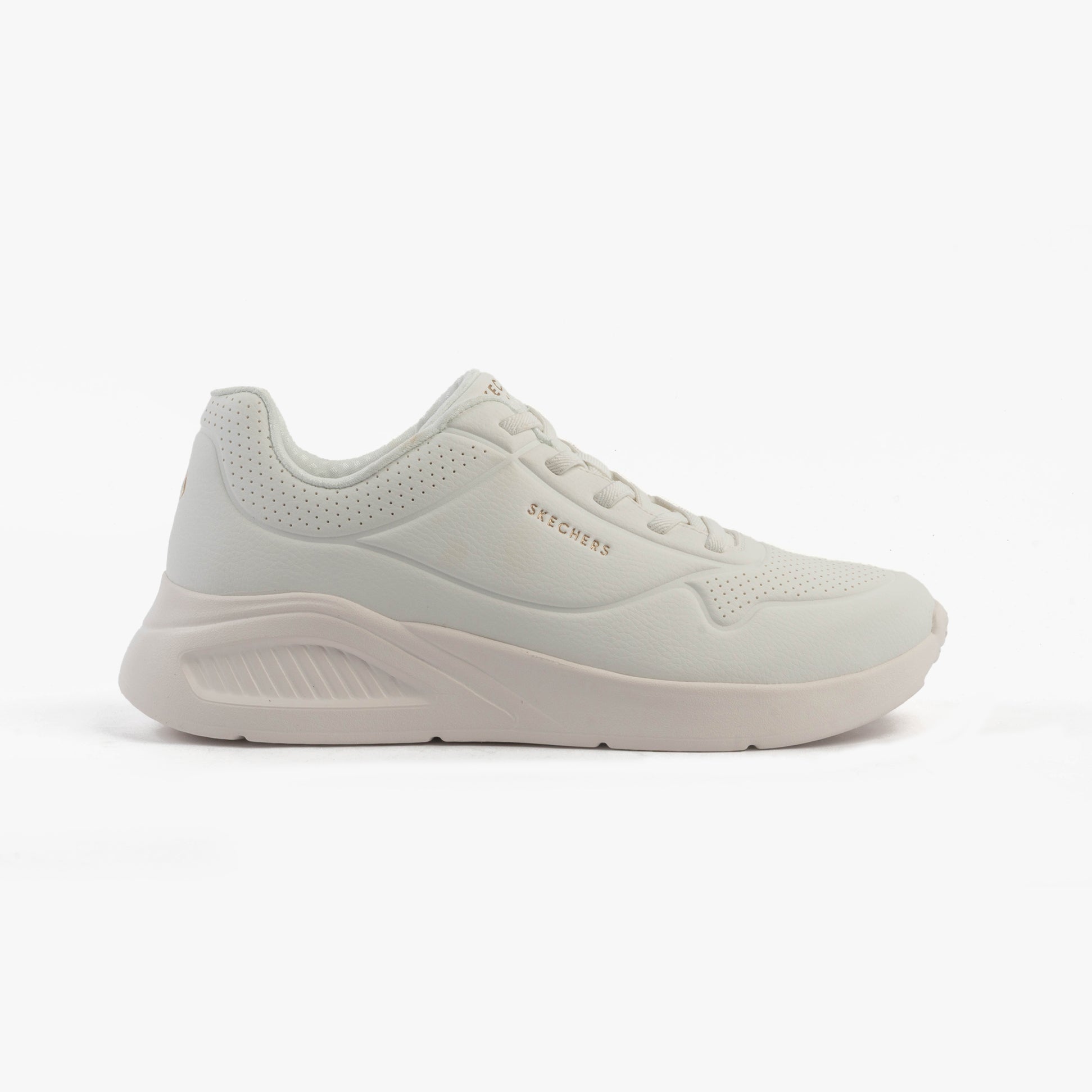 Side view of Skechers 177289/WHT UNO LITE - LITE WORK Womens Trainers White with synthetic leather and rubber sole.