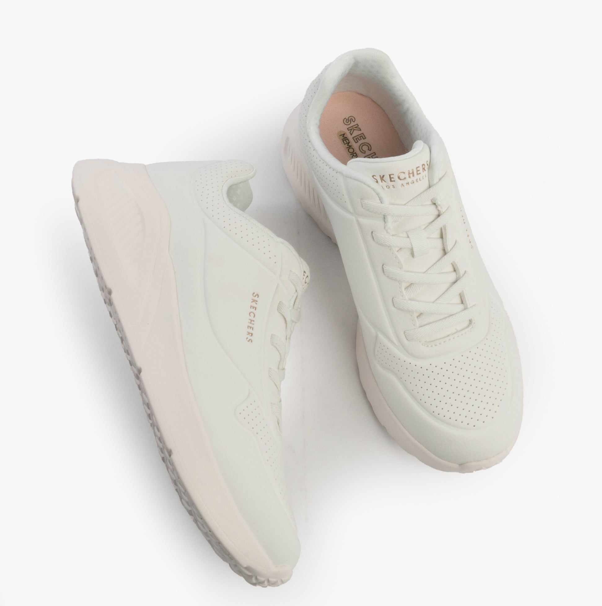 Skechers 177289/WHT UNO LITE - LITE WORK Womens Trainers White, side and top view, featuring wedge heel and lace-up closure.