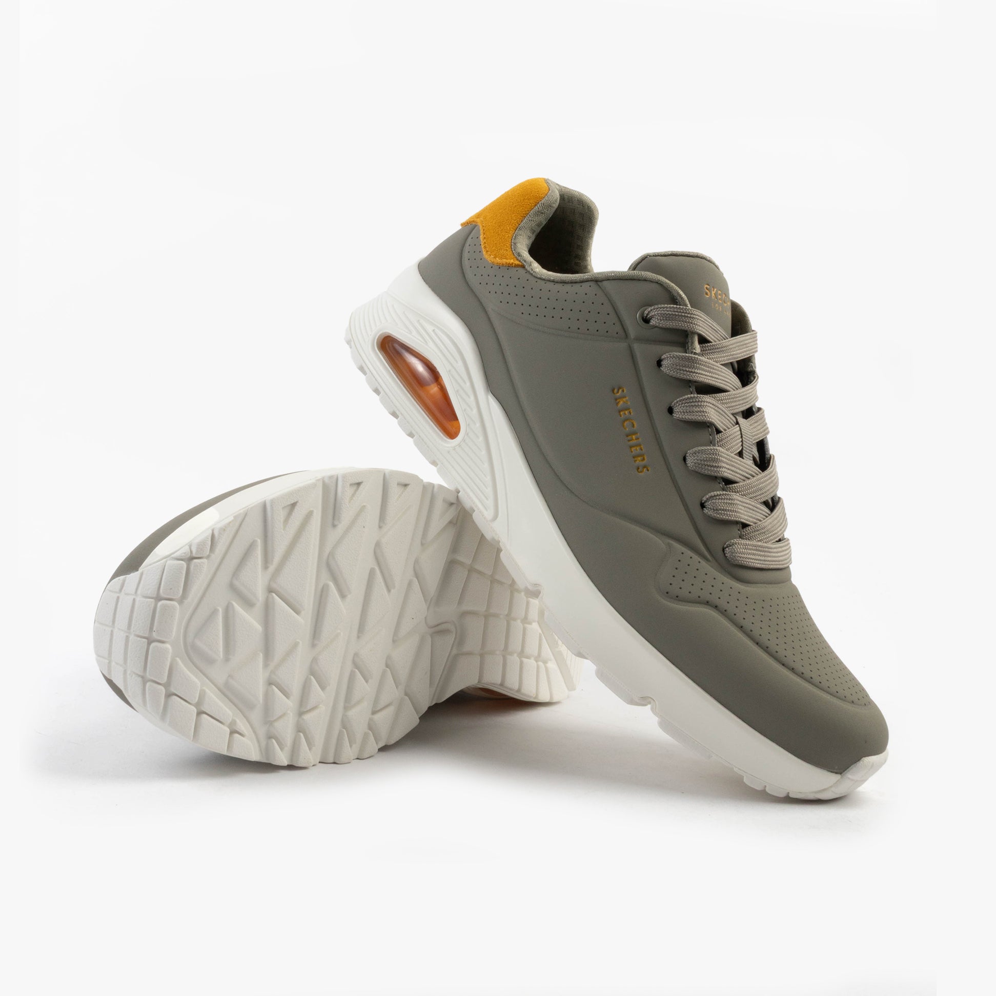 Skechers 183004/GRYL UNO - SUITED ON AIR Mens Trainers Multicoloured side view showcasing synthetic leather design and rubber sole.
