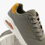 Skechers 183004/GRYL UNO - SUITED ON AIR Mens Trainers Multicoloured side view highlighting grey synthetic leather and yellow accents.