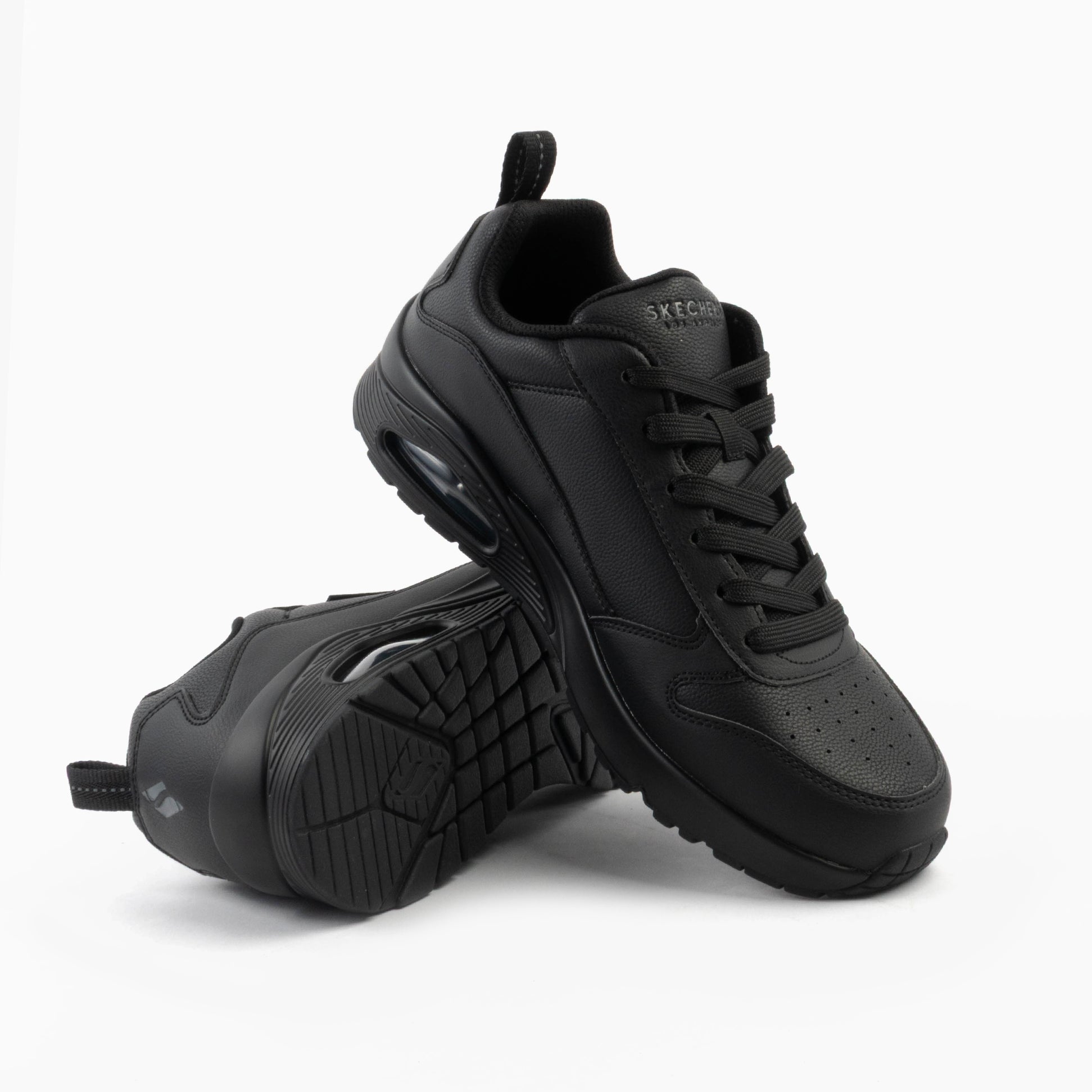 Skechers 183012/BBK UNO - ALDER Mens Trainers Black side view showing lace-up closure and synthetic leather upper.
