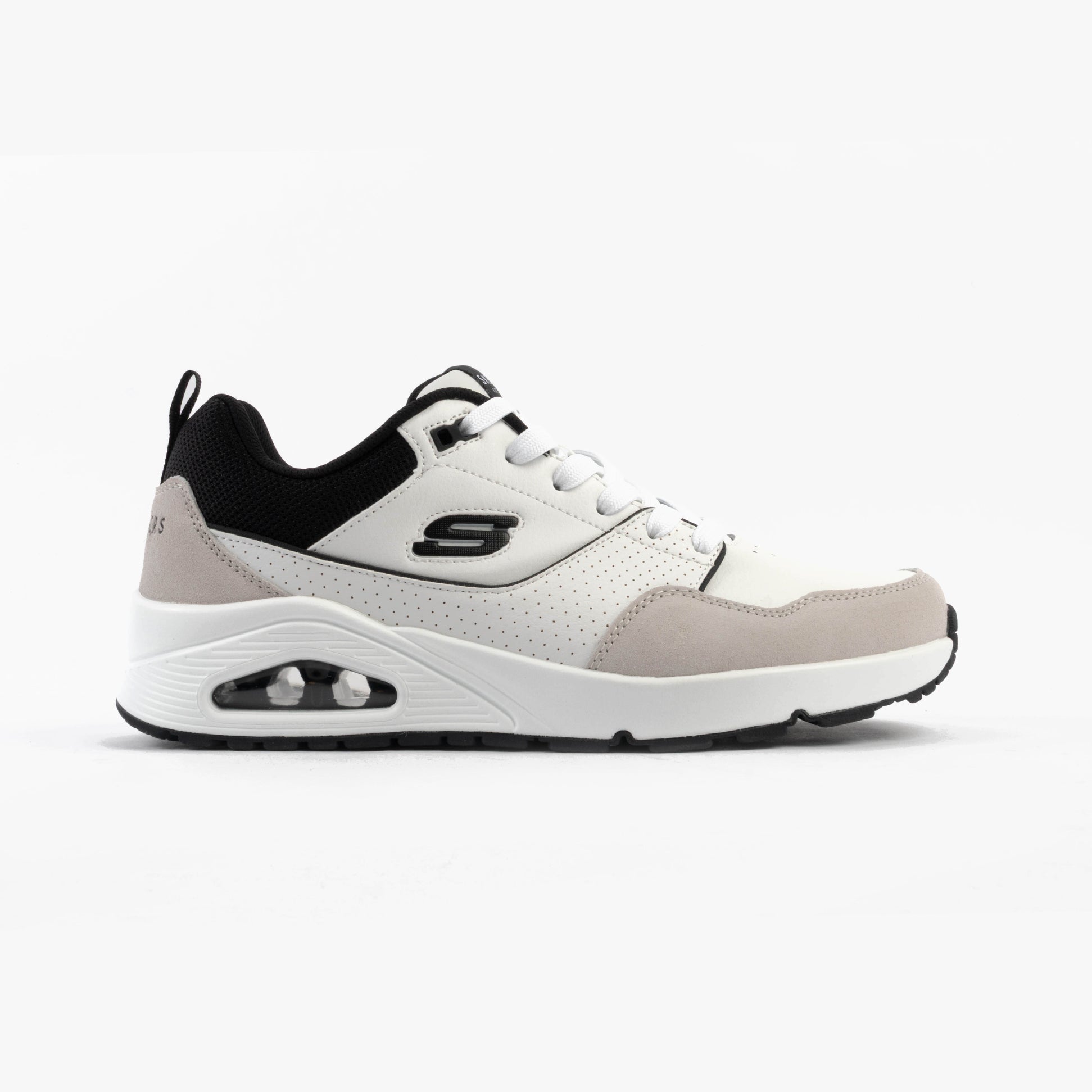 Skechers 183020/WBK UNO - RETRO ONE Mens Trainers White Mono/Black side view showcasing leather and suede upper.