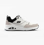 Skechers 183020/WBK UNO - RETRO ONE Mens Trainers White Mono/Black side view showcasing leather and suede upper.