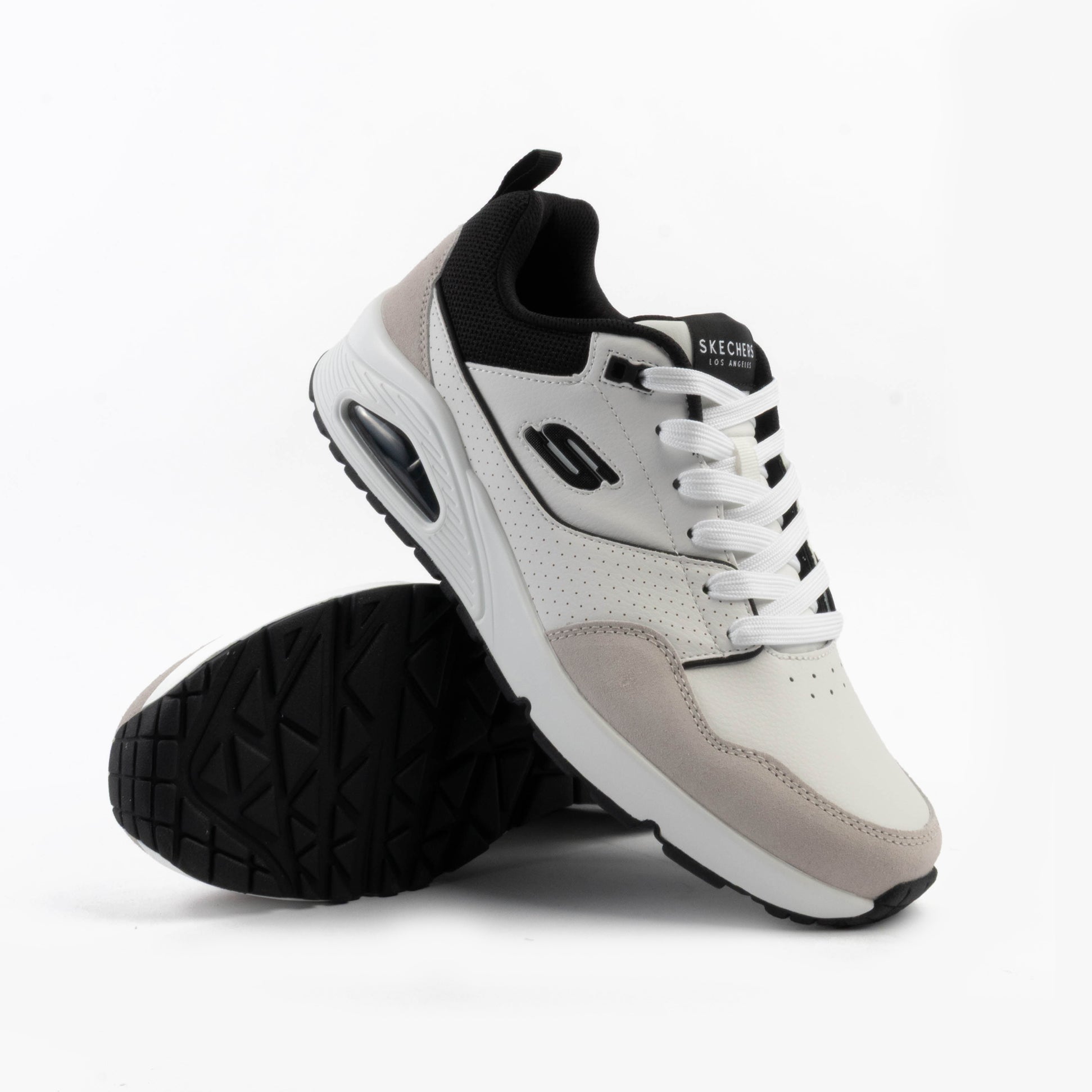 Skechers 183020/WBK UNO - RETRO ONE Mens Trainers White Mono/Black side view showcasing leather and suede upper.
