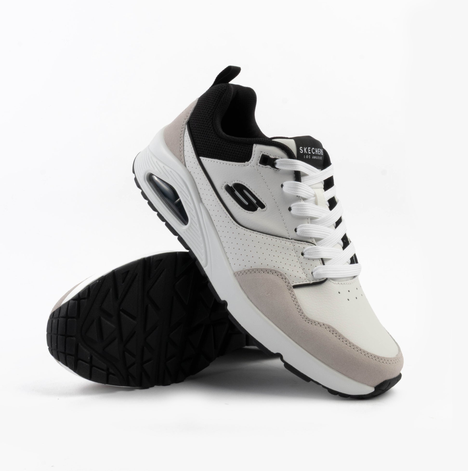 Skechers 183020/WBK UNO - RETRO ONE Mens Trainers White Mono/Black side view showcasing leather and suede upper.