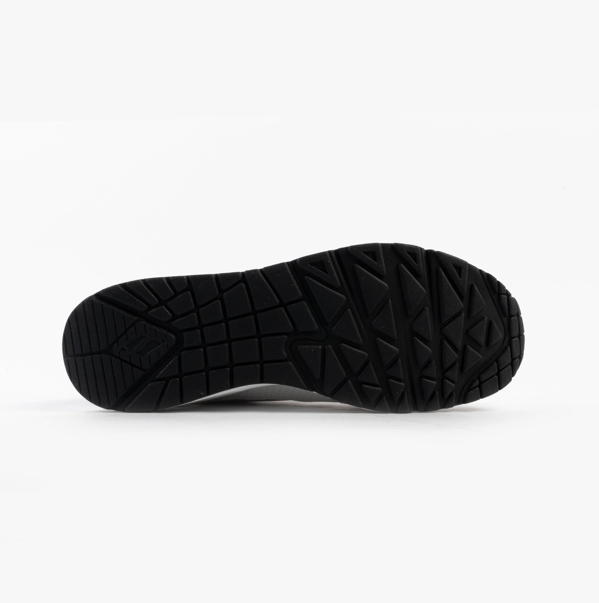 Skechers 183020/WBK UNO - RETRO ONE Mens Trainers White Mono/Black sole view with detailed tread pattern.