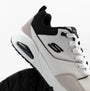 Skechers 183020/WBK UNO - RETRO ONE Mens Trainers White Mono/Black side view, showcasing leather/suede and rubber sole features.