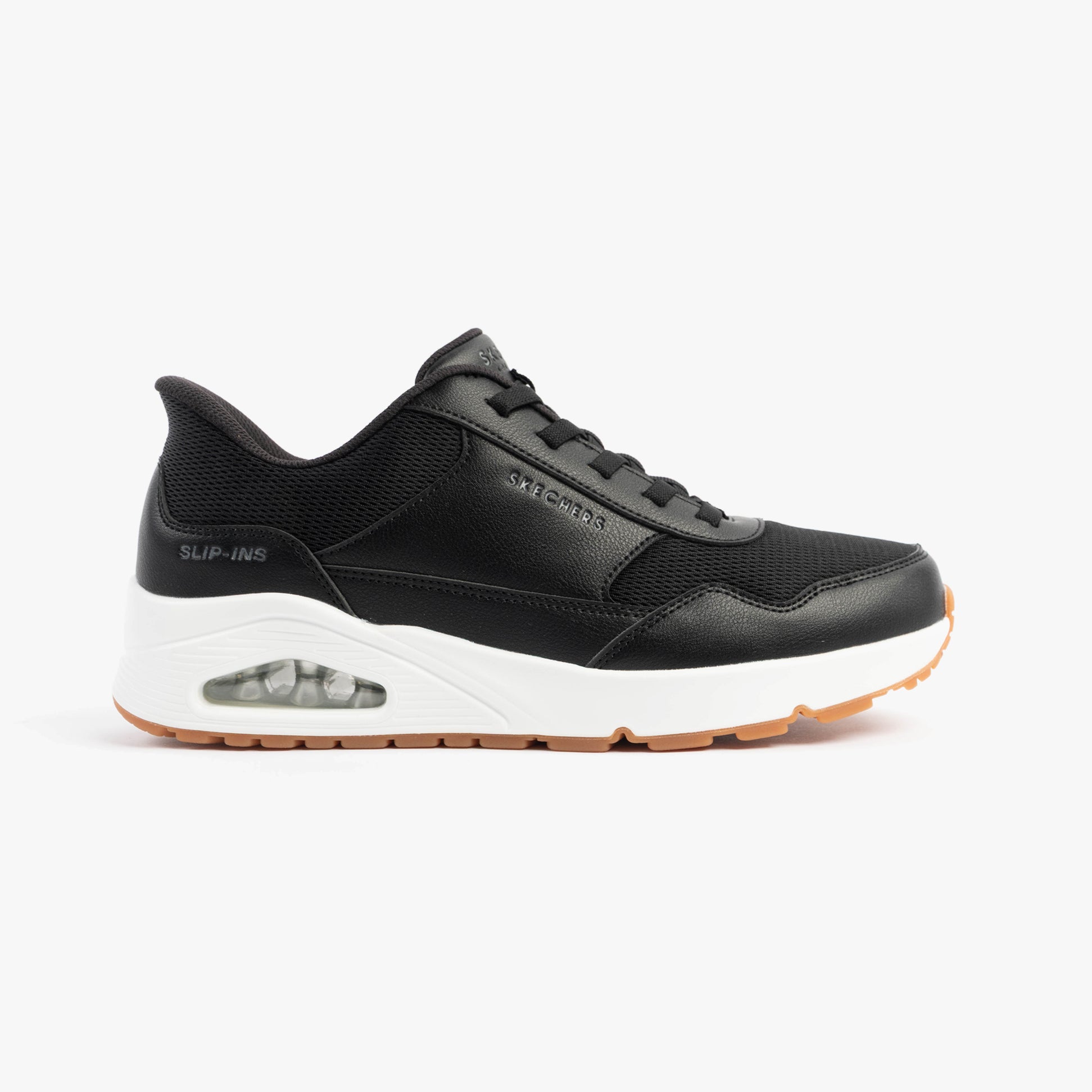 Skechers 183022/BLK UNO - BANKSIA Mens Trainers Black side view with synthetic leather upper and air-cooled memory foam.