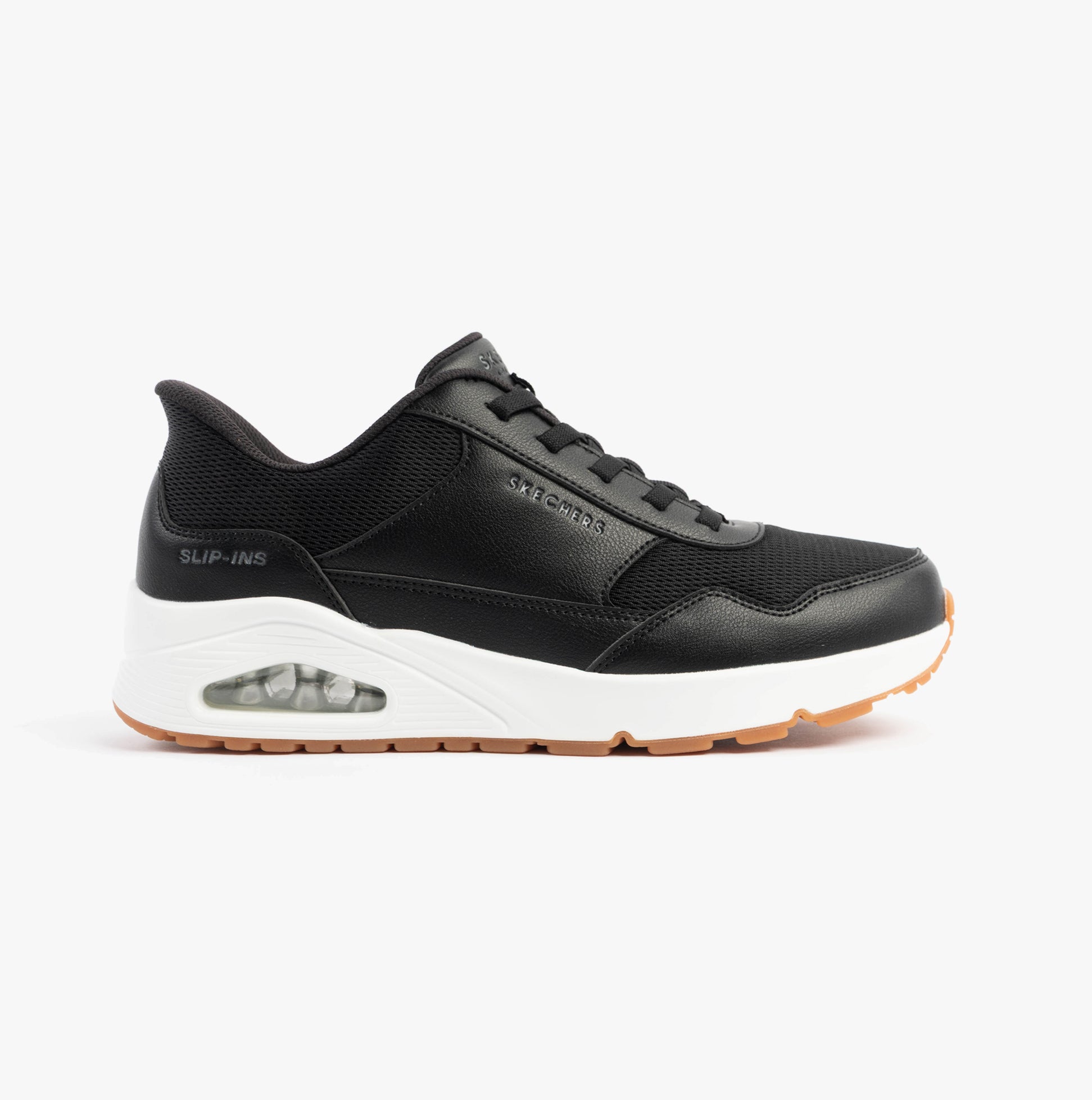 Skechers 183022/BLK UNO - BANKSIA Mens Trainers Black side view with synthetic leather upper and air-cooled memory foam.
