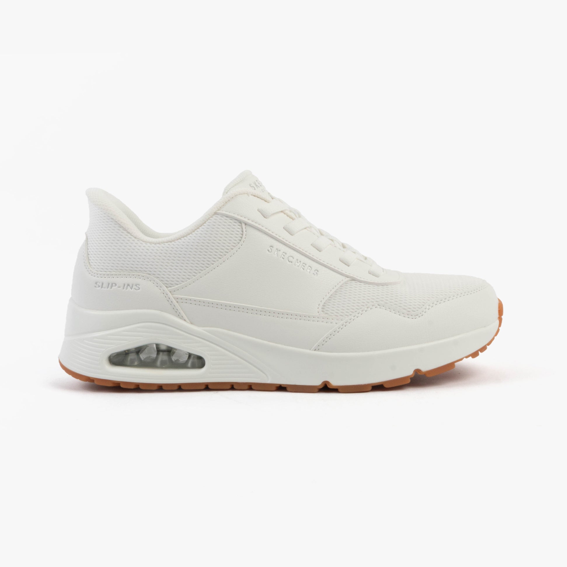 Skechers 183022/WHT UNO - BANKSIA Mens Trainers White side view showcasing synthetic leather and memory foam features.
