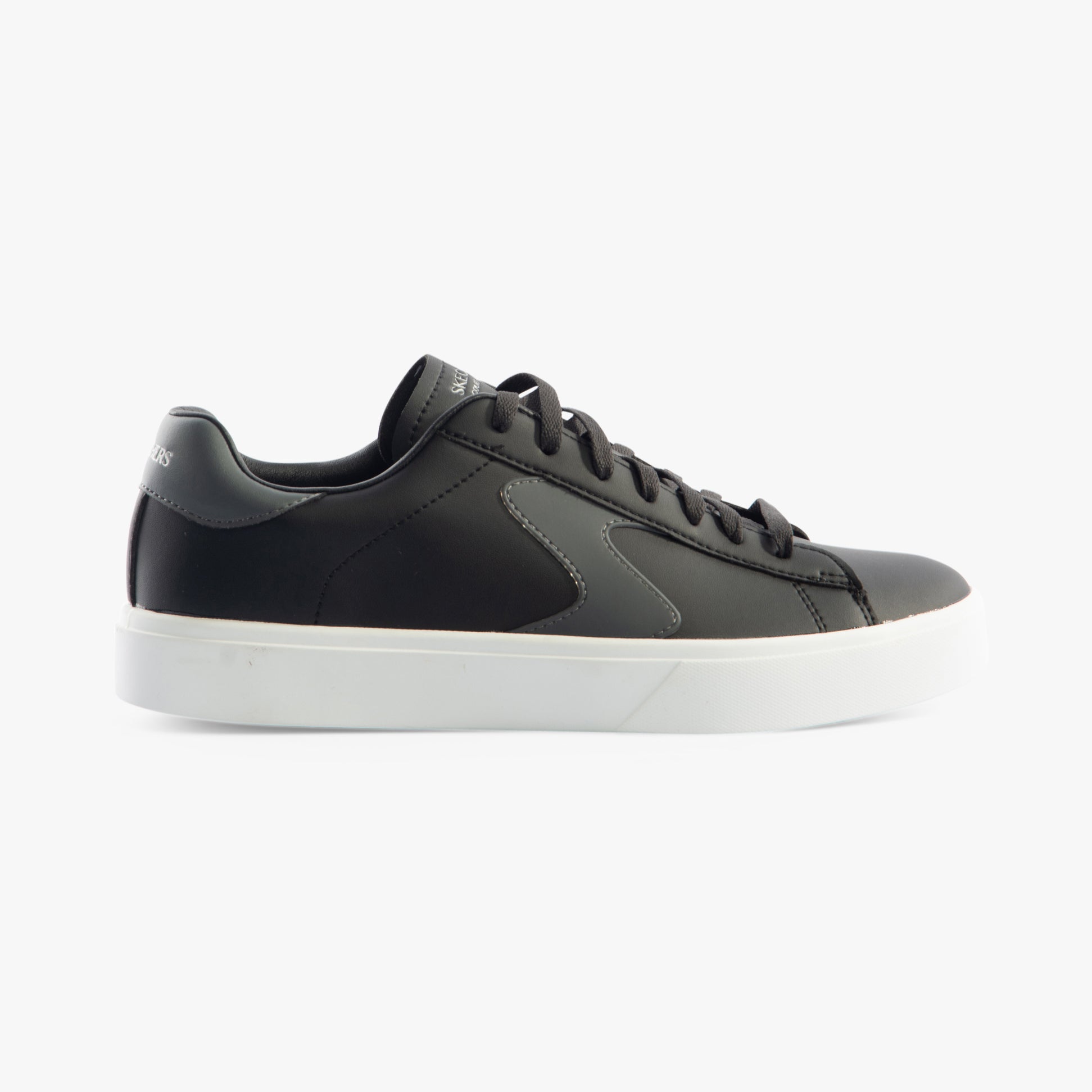 Skechers 185000/BKW EDEN LX - TOP GRADE Womens Trainers Black/White side view with faux leather upper and rubber sole.