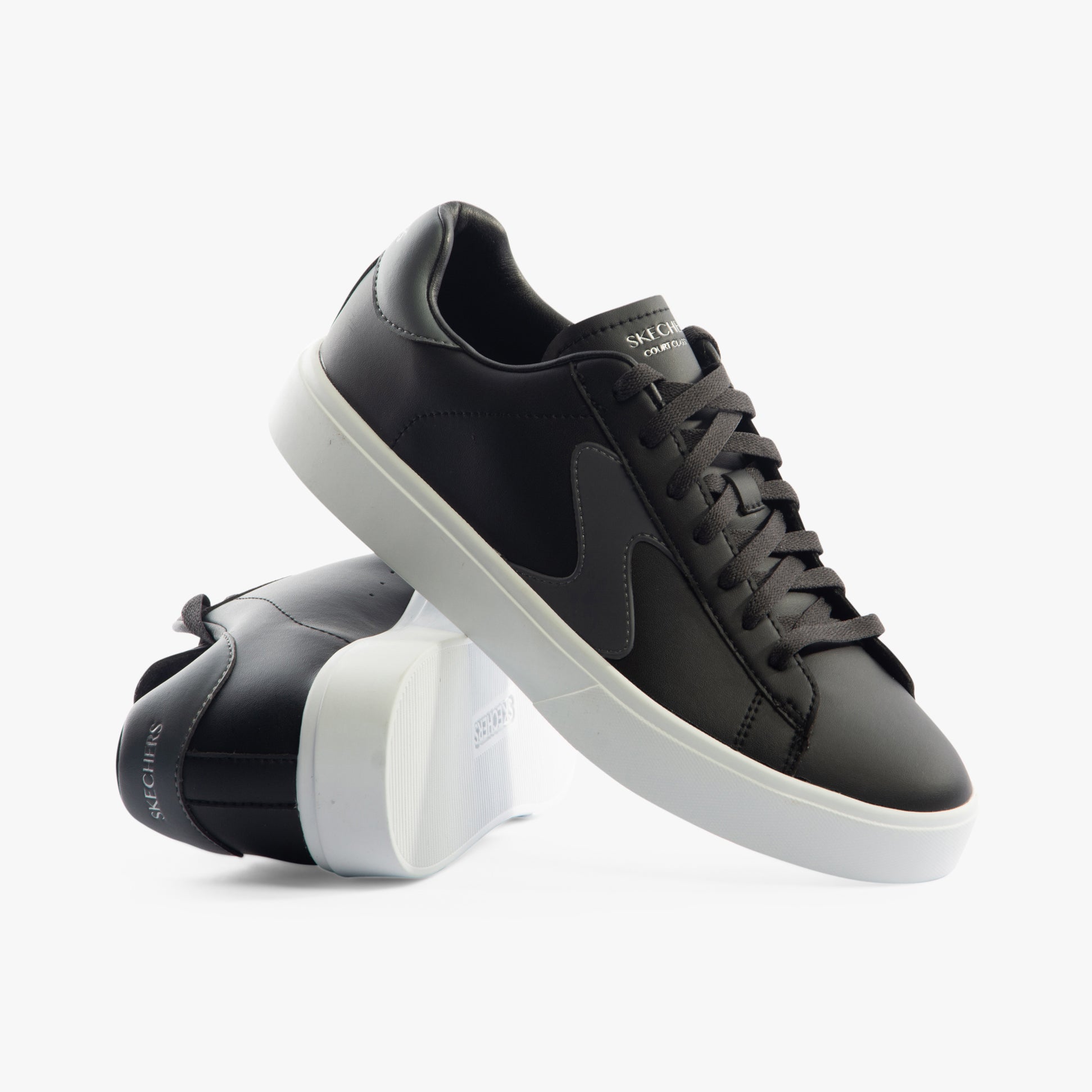 Skechers 185000/BKW EDEN LX - TOP GRADE Womens Trainers Black/White side view with lace-up closure and faux leather upper.