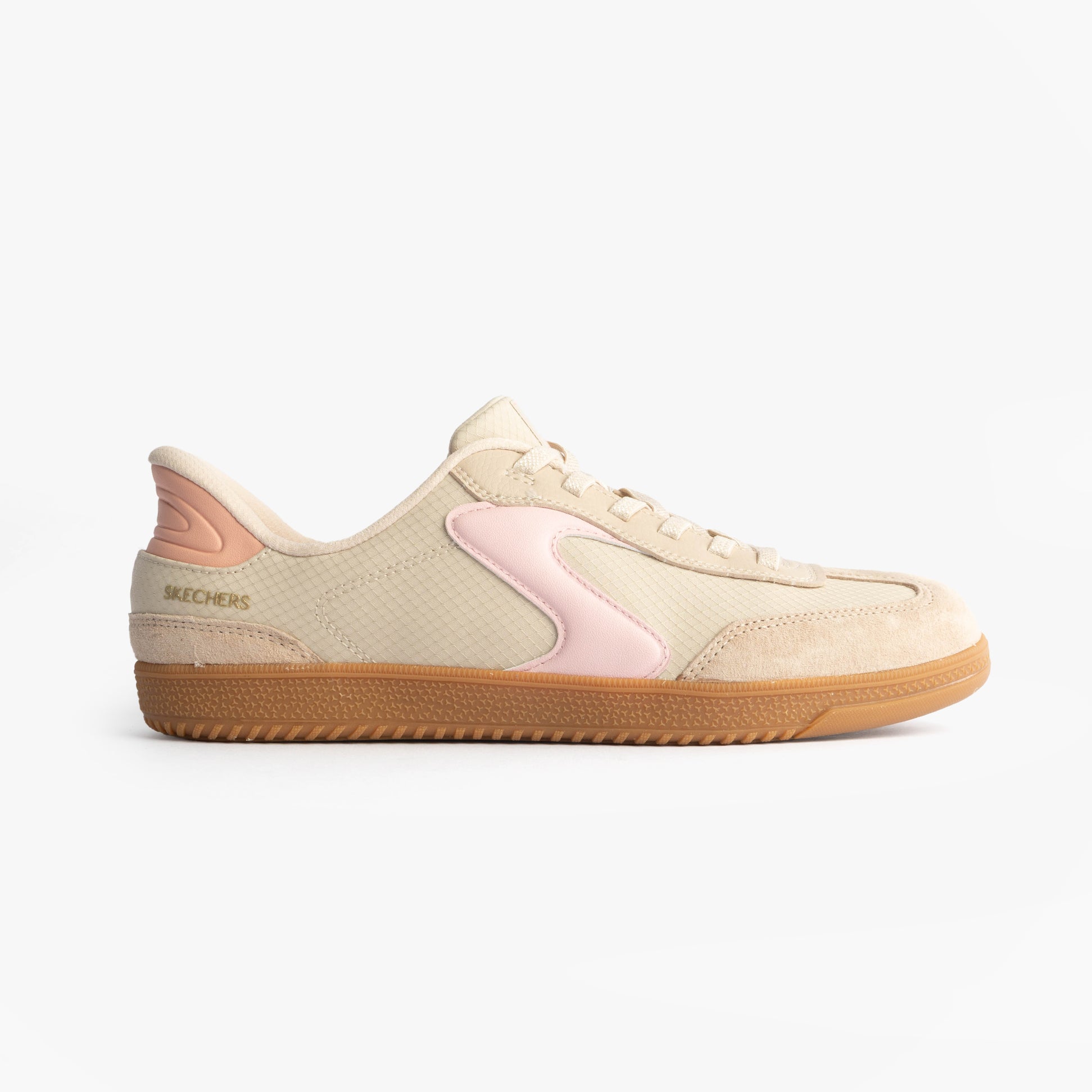 Skechers 185323/NTPK HOTSHOT Womens Trainers Natural Nylon/LeatherPink side view, suede and fabric, lace-up, comfort features.