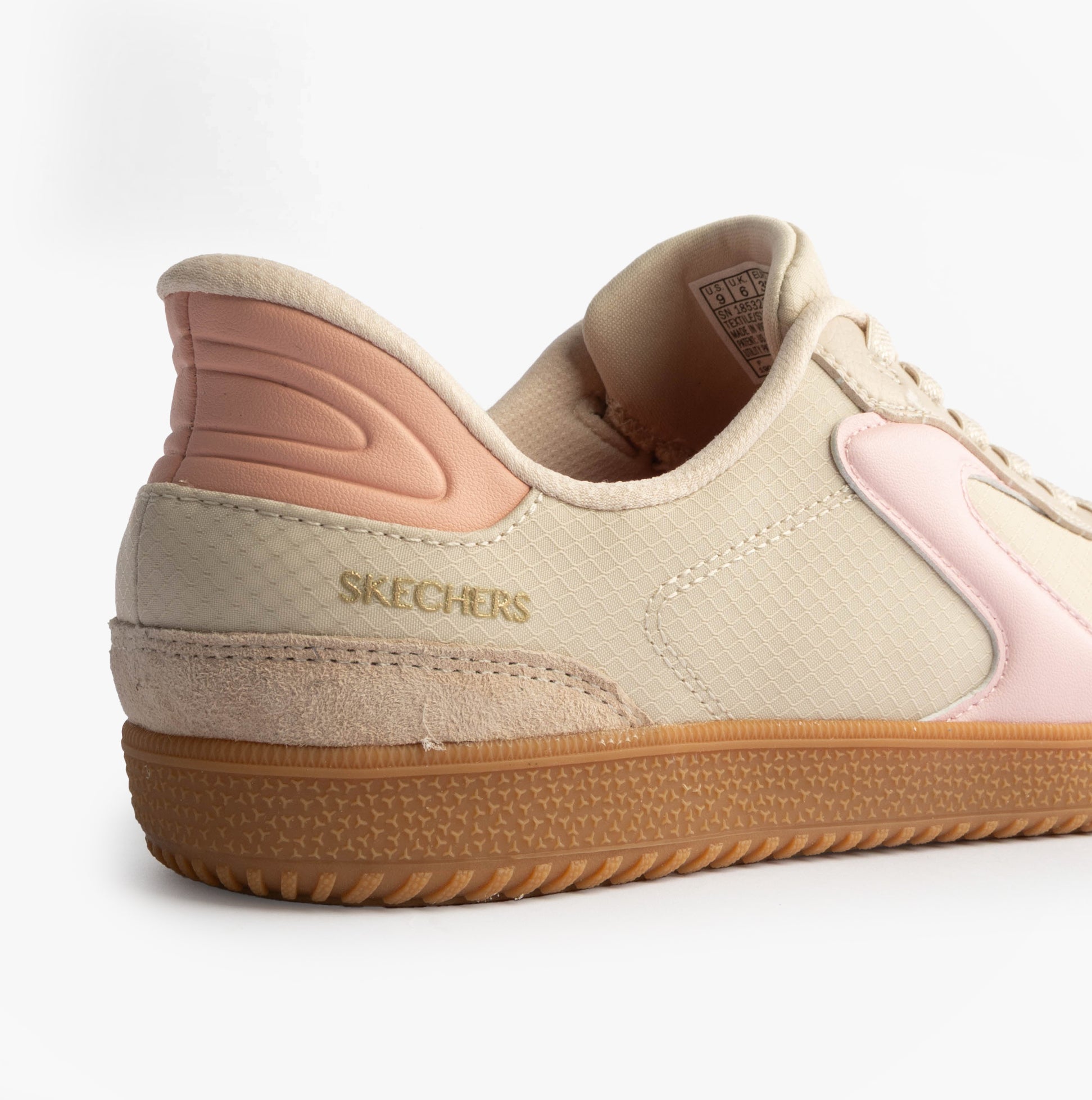 Skechers 185323/NTPK HOTSHOT Womens Trainers Natural Nylon/LeatherPink side view featuring pink and beige upper.