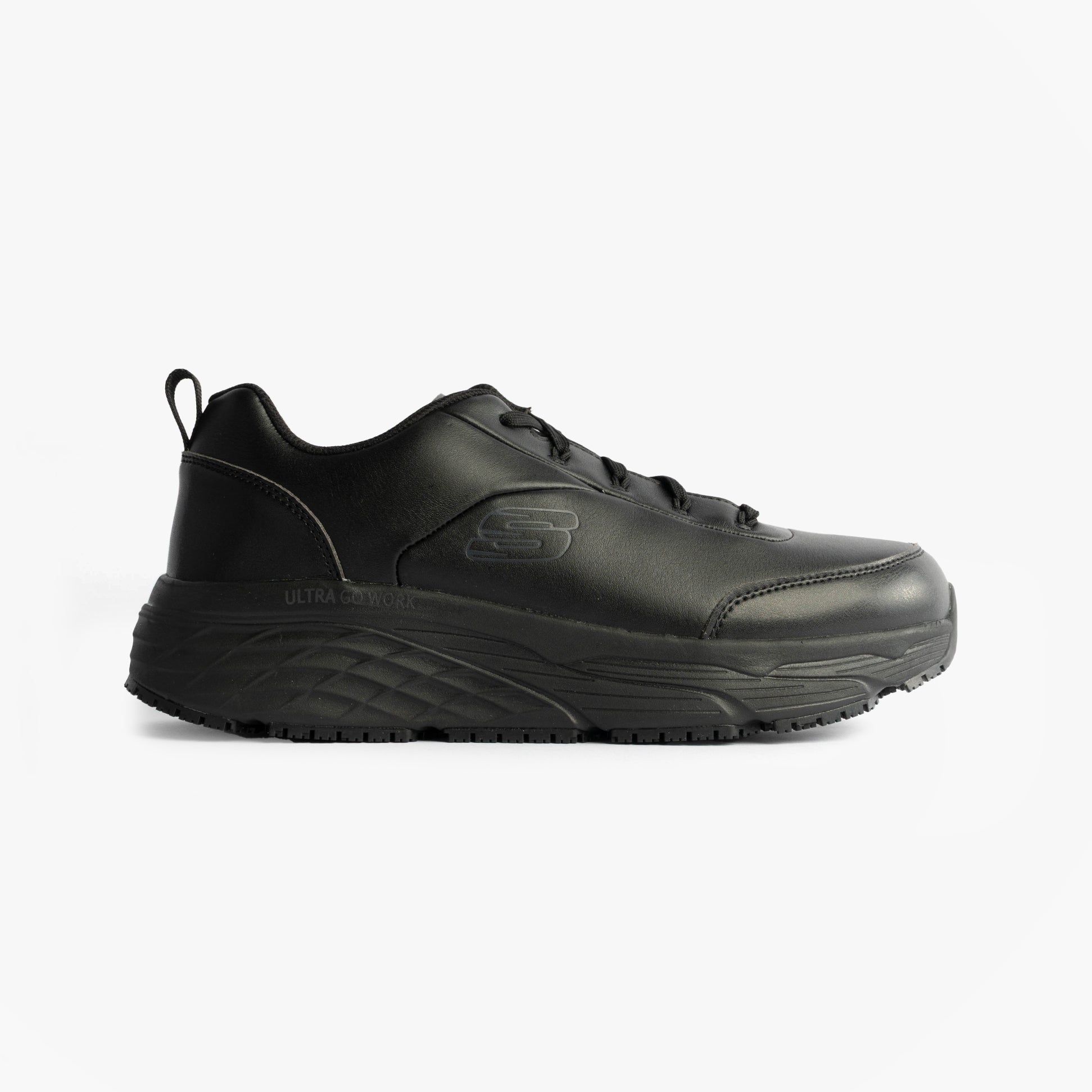 Skechers MAX CUSHIONING ELITE SR-FILCH Mens Workwear Trainers Black, side view, featuring leather upper and slip-resistant sole.